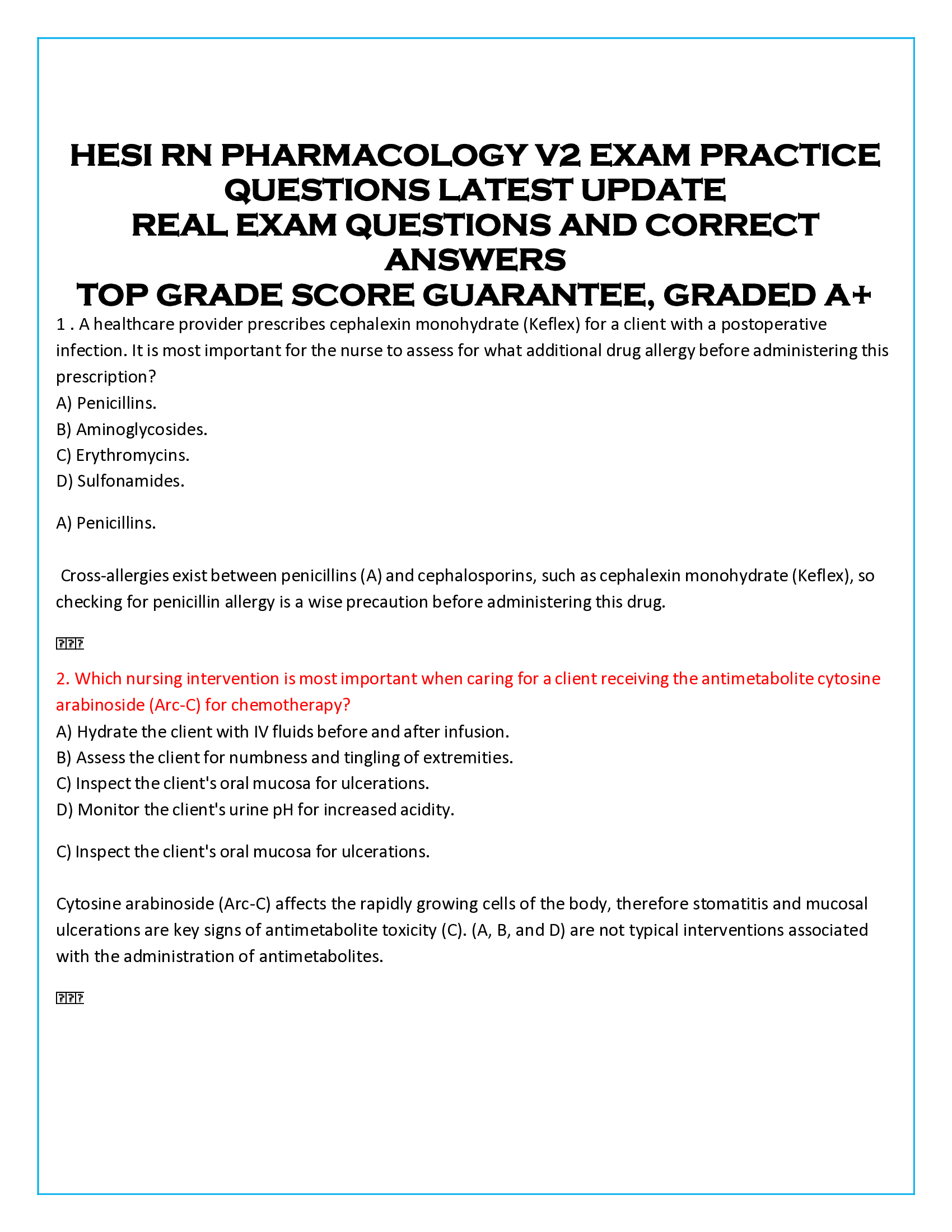 HESI RN PHARMACOLOGY V2 EXAM PRACTICE  QUESTIONS LATEST UPDATE  REAL EXAM QUESTIONS AND CORRECT  ANSWERS  TOP GRADE SCORE GUARANTEE, GRADED A+