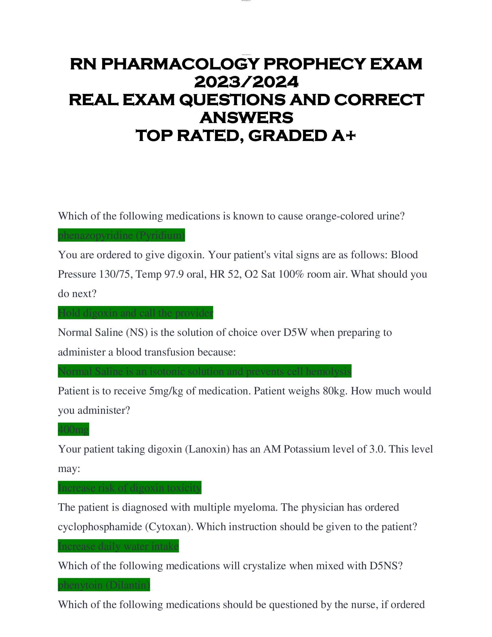 RN PHARMACOLOGY PROPHECY EXAM  2023 | 2024  REAL EXAM QUESTIONS AND CORRECT  ANSWERS  TOP RATED, GRADED A+