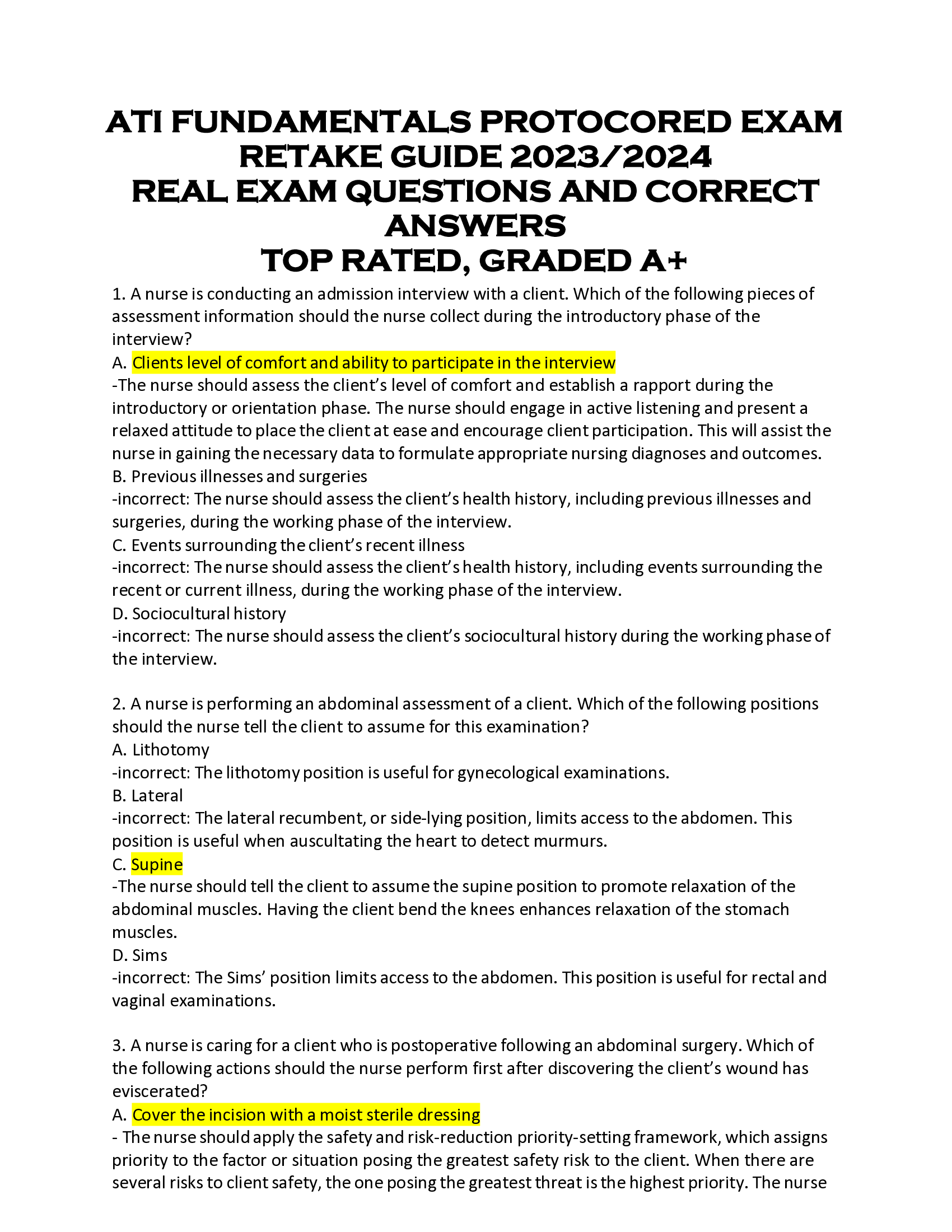 ATI FUNDAMENTALS PROTOCORED EXAM  RETAKE GUIDE 2023, 2024  REAL EXAM QUESTIONS AND CORRECT  ANSWERS  TOP RATED, GRADED A+