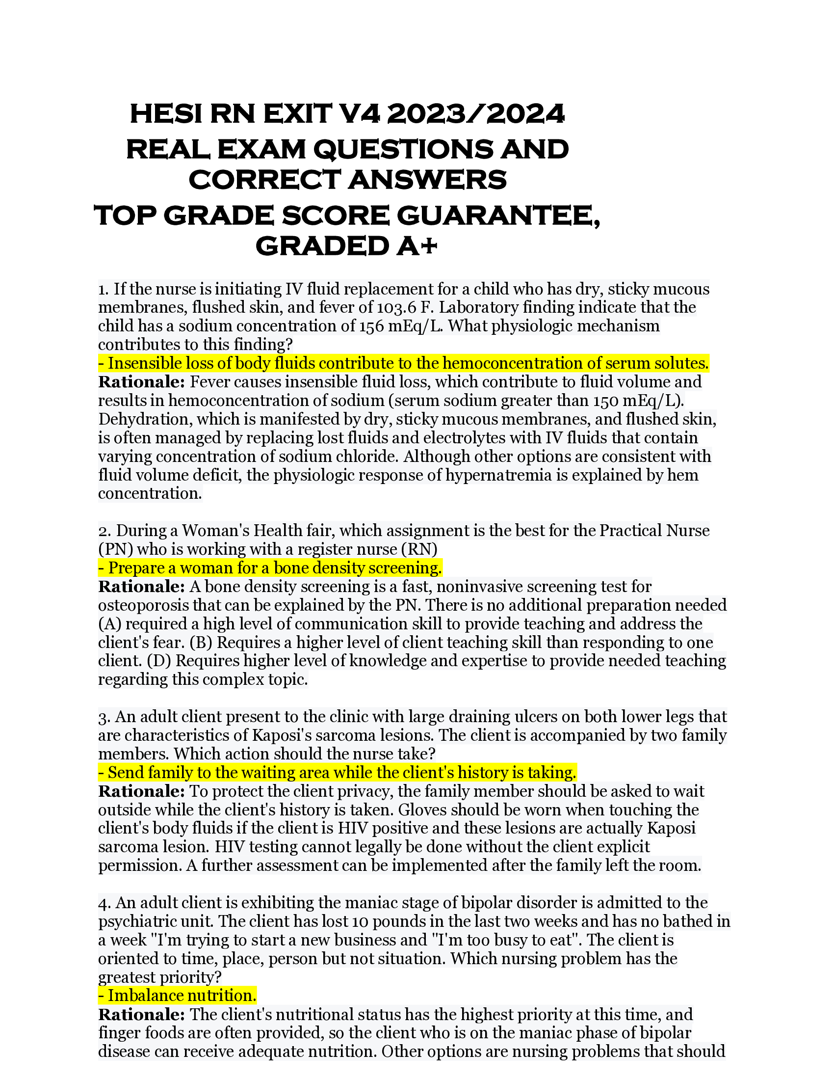 HESI RN EXIT V4 2023 | 2024  REAL EXAM QUESTIONS AND  CORRECT ANSWERS  TOP GRADE SCORE GUARANTEE,  GRADED A+
