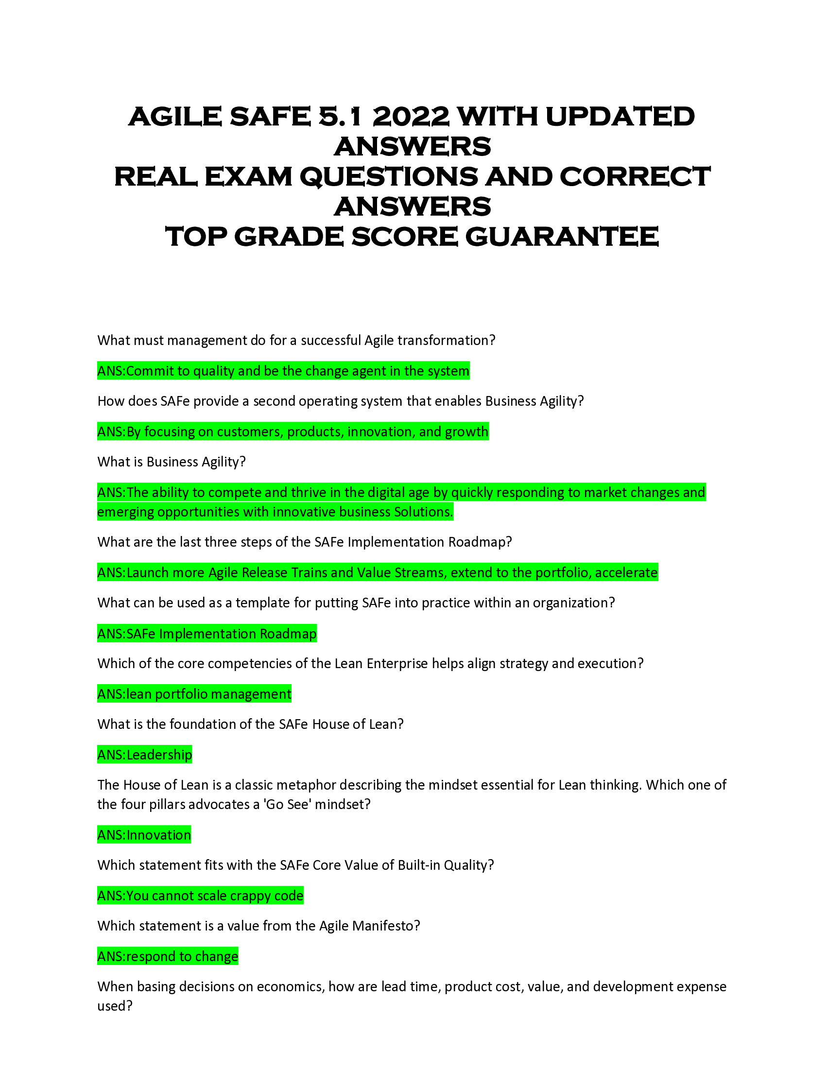 AGILE SAFE 5.1 2022 WITH UPDATED  ANSWERS  REAL EXAM QUESTIONS AND CORRECT  ANSWERS  TOP GRADE SCORE GUARANTEE