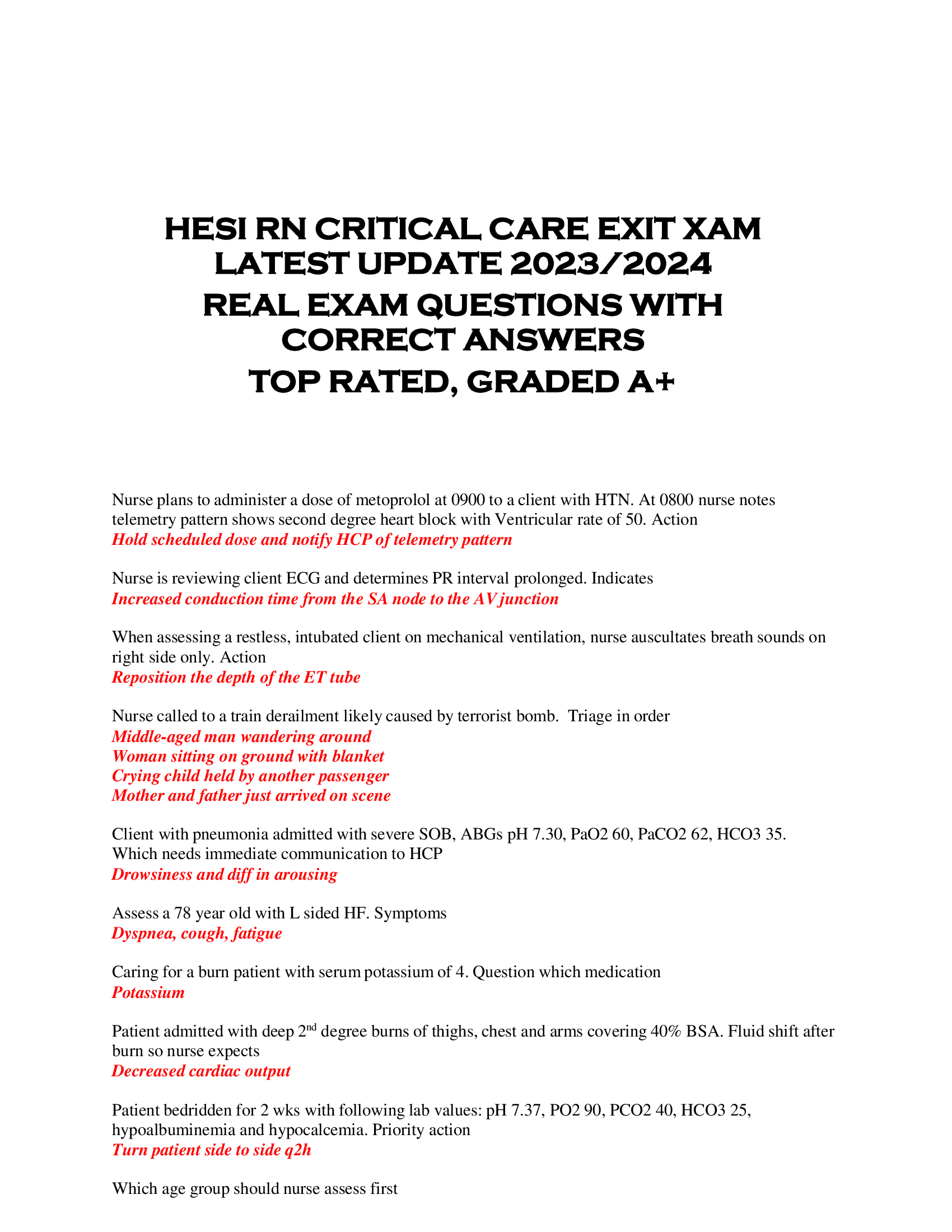 HESI RN CRITICAL CARE EXIT XAM  LATEST UPDATE 2023, 2024  REAL EXAM QUESTIONS WITH  CORRECT ANSWERS  TOP RATED, GRADED A+