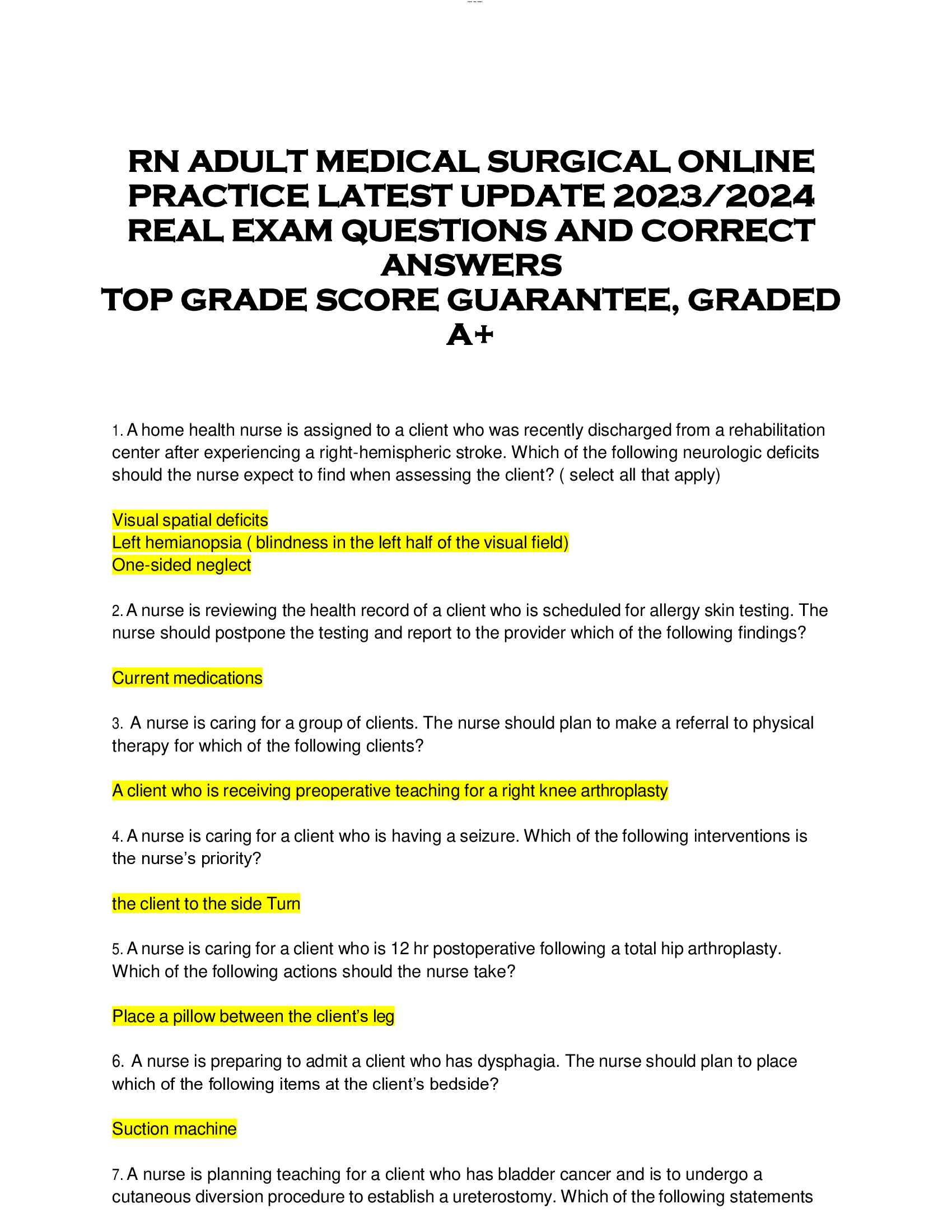 RN ADULT MEDICAL SURGICAL ONLINE  PRACTICE LATEST UPDATE 2023, 2024  REAL EXAM QUESTIONS AND CORRECT  ANSWERS  TOP GRADE SCORE GUARANTEE, GRADED  A+