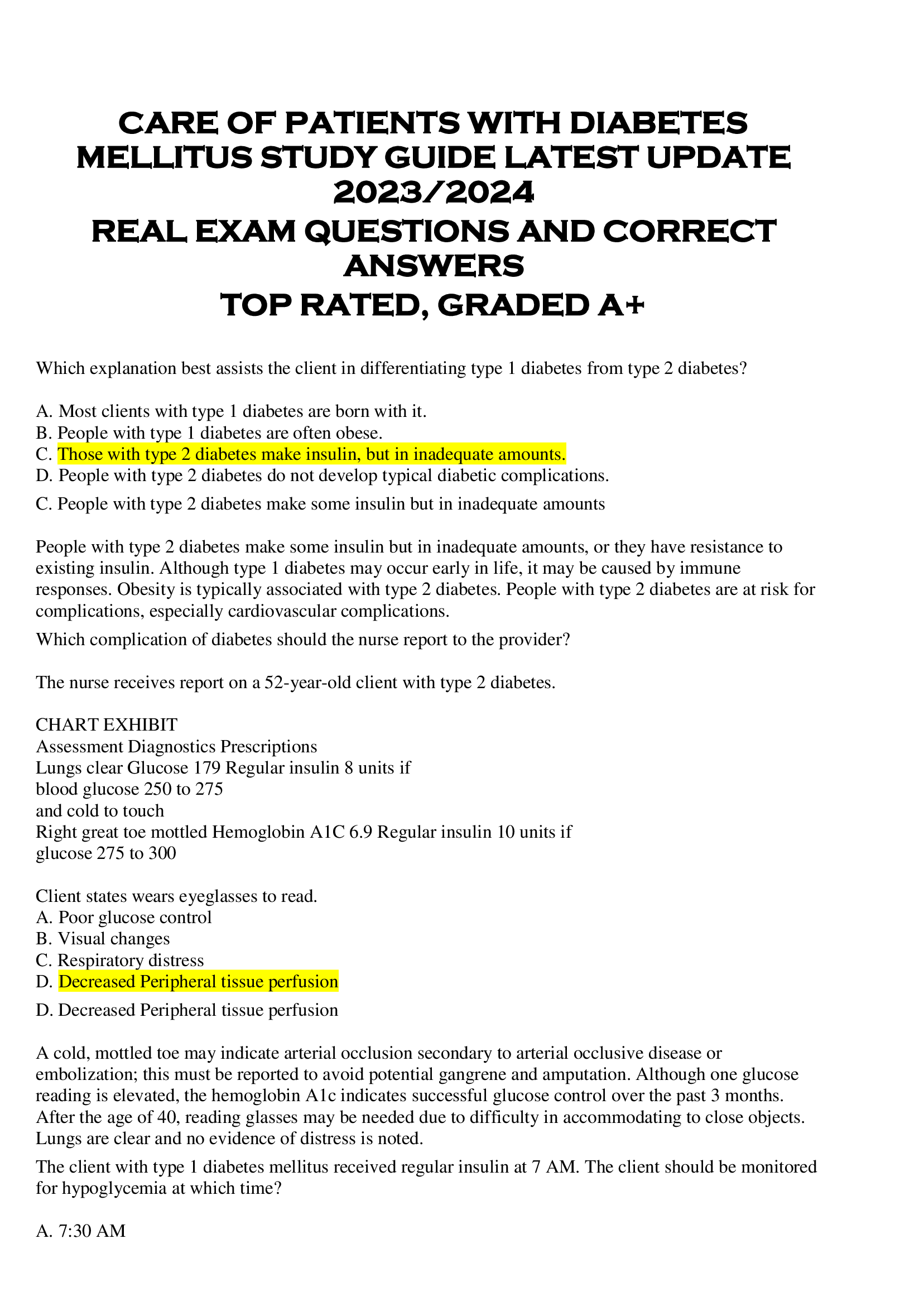 CARE OF PATIENTS WITH DIABETES  MELLITUS STUDY GUIDE LATEST UPDATE  2023, 2024  REAL EXAM QUESTIONS AND CORRECT  ANSWERS  TOP RATED, GRADED A+