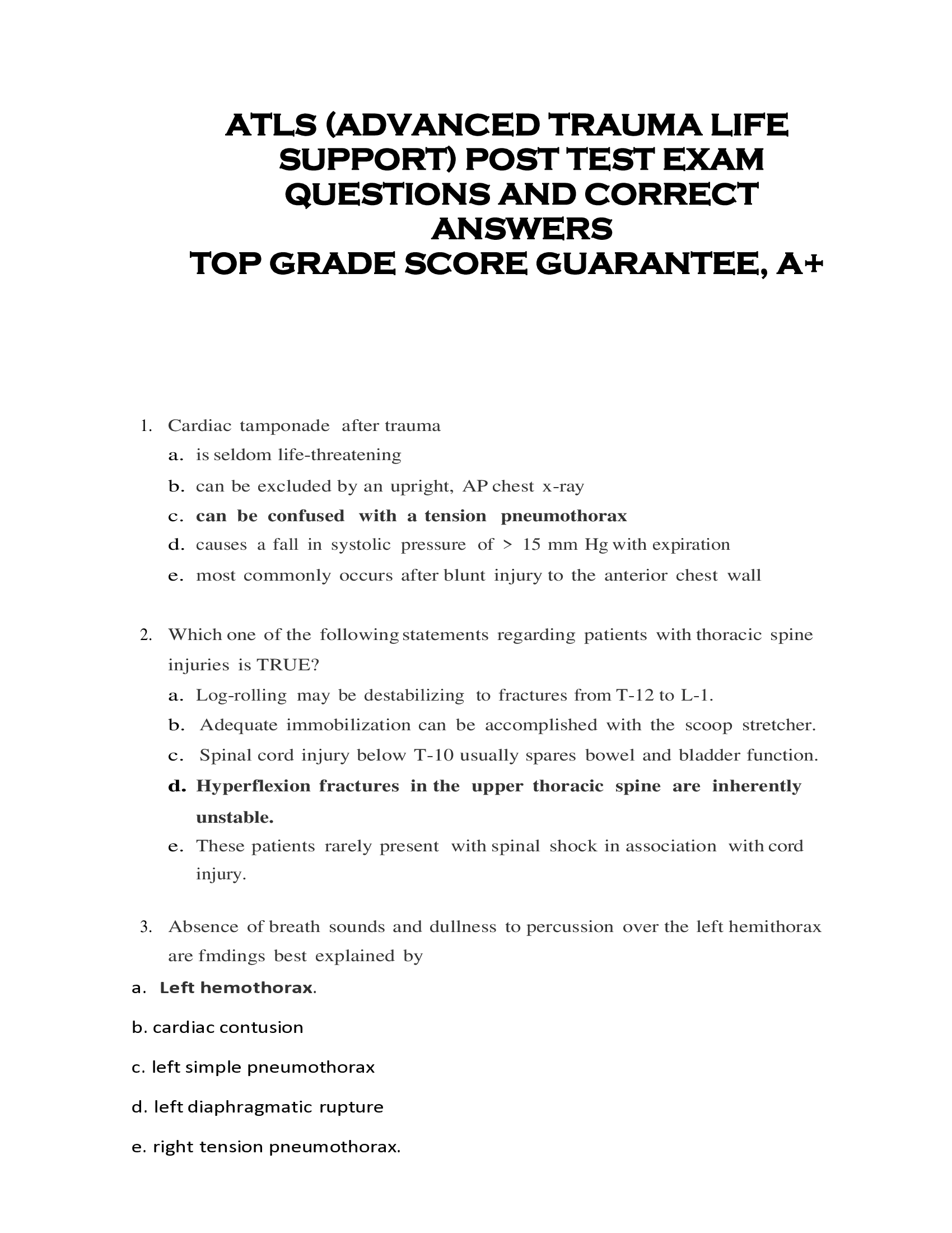 ATLS (ADVANCED TRAUMA LIFE  SUPPORT) POST TEST EXAM  QUESTIONS AND CORRECT  ANSWERS  TOP GRADE SCORE GUARANTEE, A+