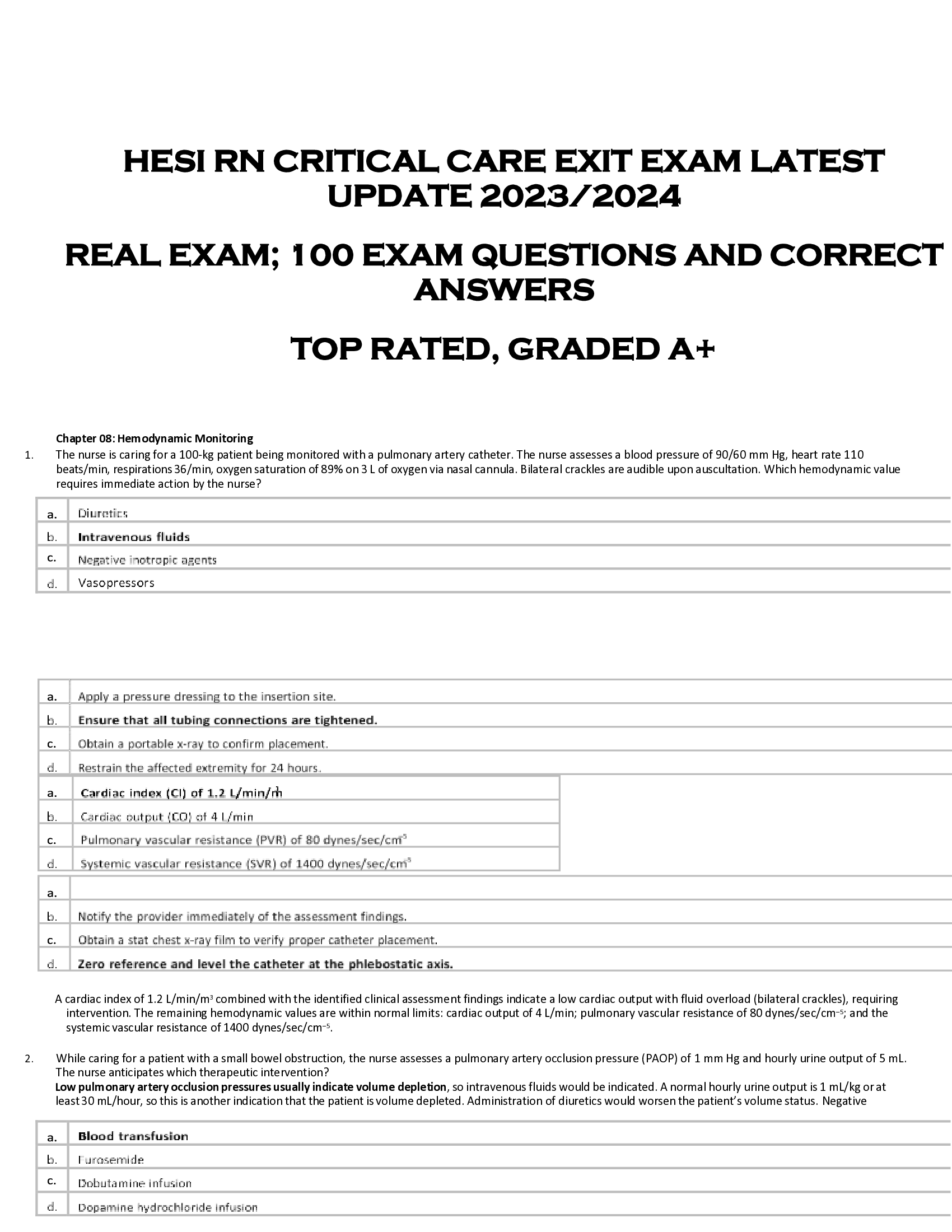 HESI RN CRITICAL CARE EXIT EXAM LATEST  UPDATE 2023, 2024  REAL EXAM; 100 EXAM QUESTIONS AND CORRECT  ANSWERS  TOP RATED, GRADED A+