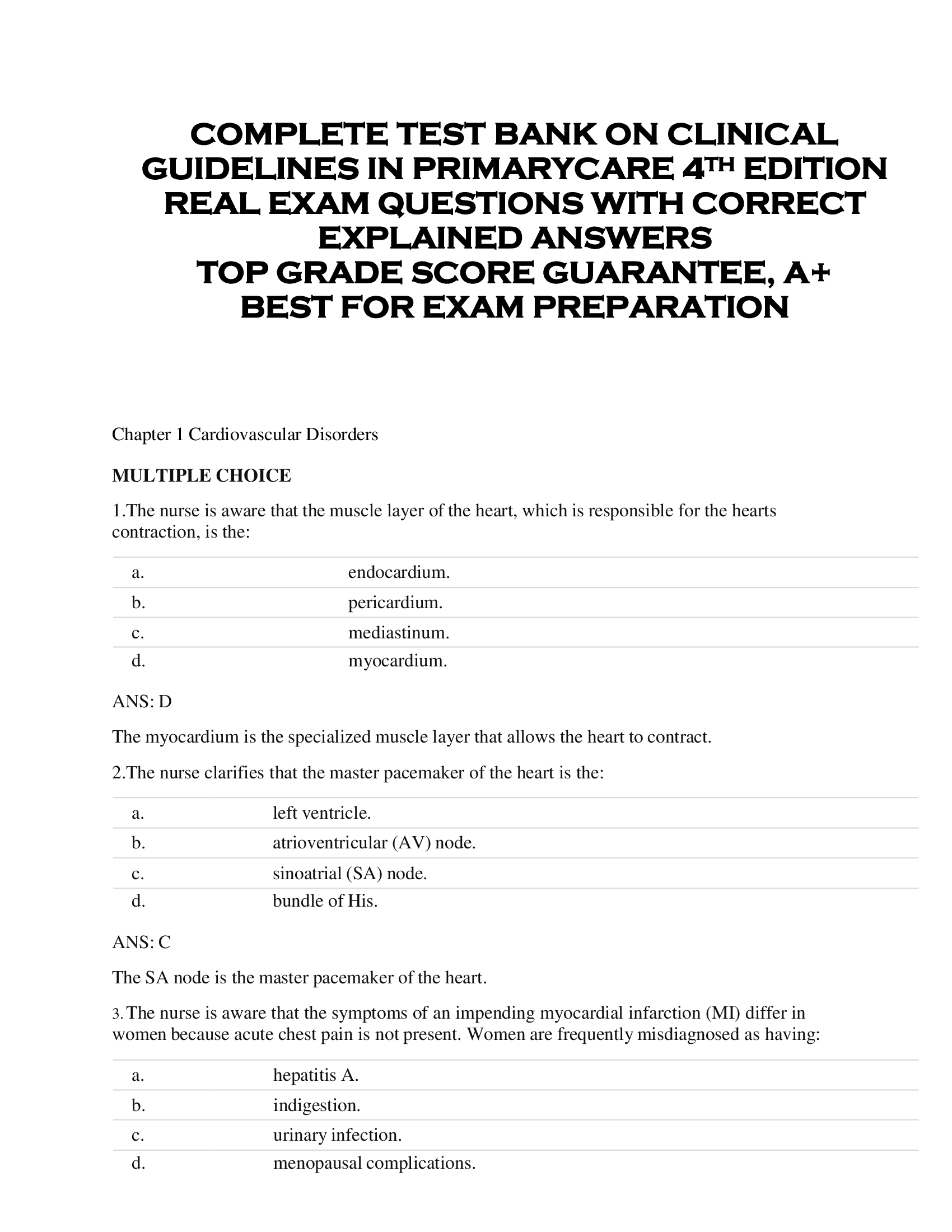 COMPLETE TEST BANK ON CLINICAL  GUIDELINES IN PRIMARYCARE 4TH EDITION  REAL EXAM QUESTIONS WITH CORRECT  EXPLAINED ANSWERS  TOP GRADE SCORE GUARANTEE, A+  BEST FOR EXAM PREPARATION