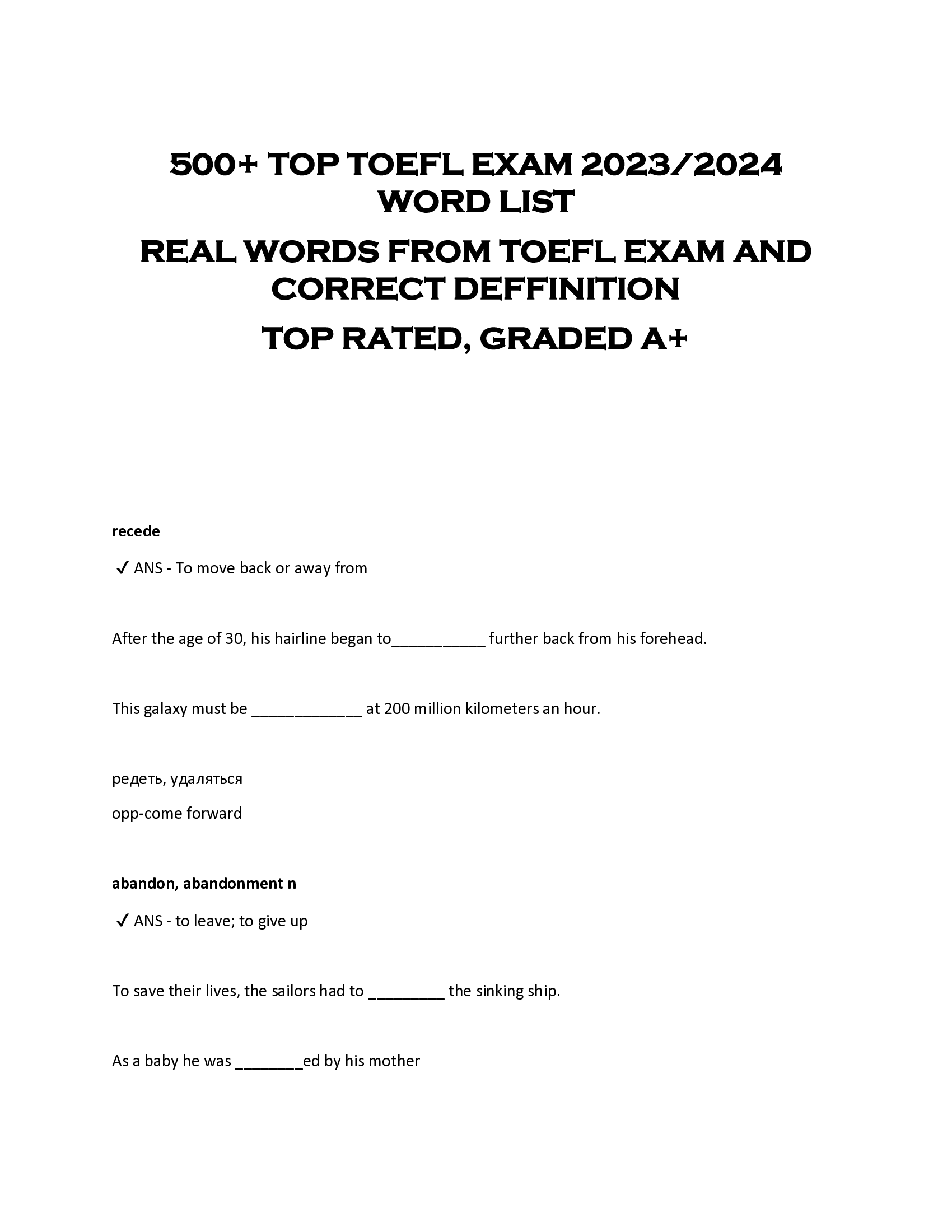 500+ TOP TOEFL EXAM 2023 | 2024  WORD LIST  REAL WORDS FROM TOEFL EXAM AND  CORRECT DEFFINITION  TOP RATED, GRADED A+