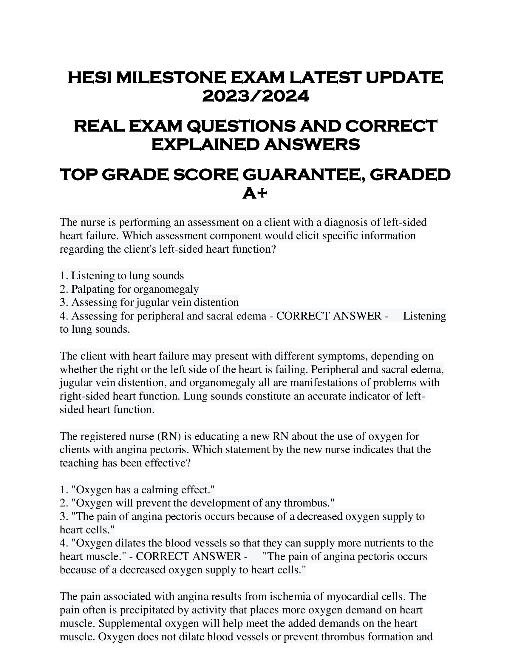 HESI MILESTONE EXAM LATEST UPDATE  2023 | 2024  REAL EXAM QUESTIONS AND CORRECT  EXPLAINED ANSWERS  TOP GRADE SCORE GUARANTEE, GRADED  A+