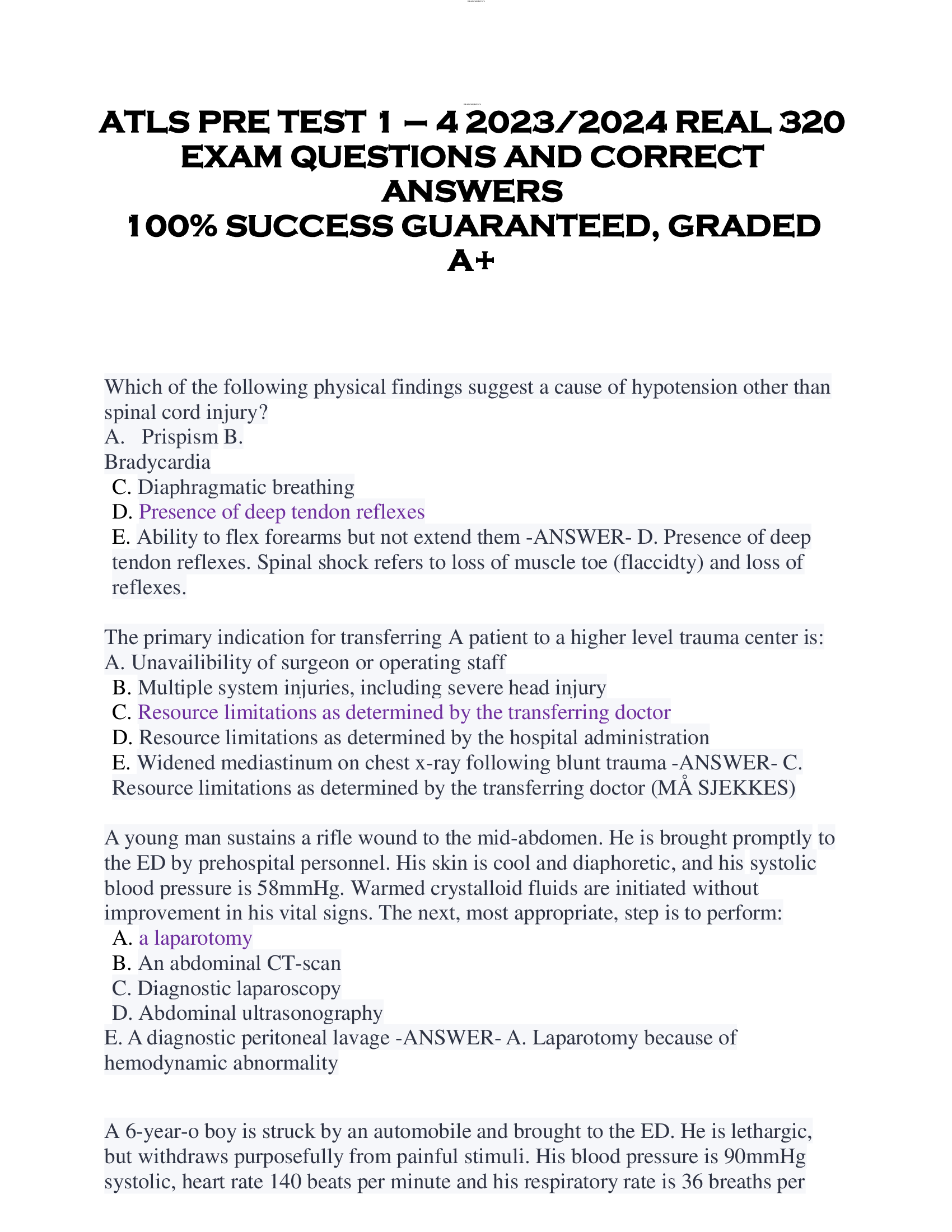 ATLS PRE TEST 1 – 4 2023 | 2024 REAL 320  EXAM QUESTIONS AND CORRECT  ANSWERS  100% SUCCESS GUARANTEED, GRADED  A+