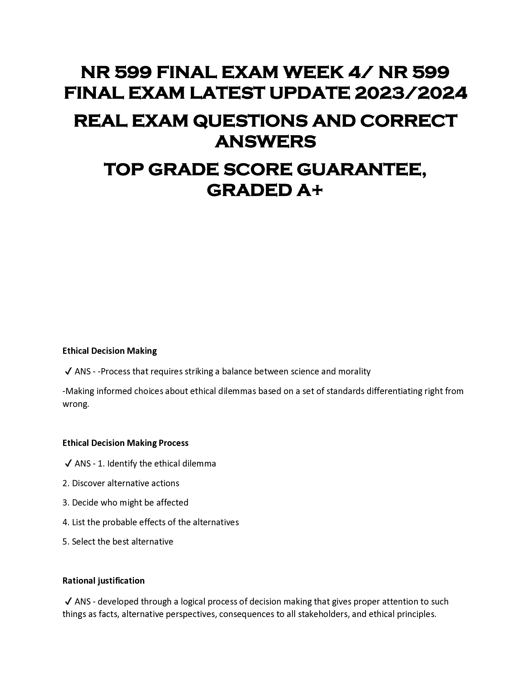 NR 599 FINAL EXAM WEEK 4 | NR 599  FINAL EXAM LATEST UPDATE 2023 | 2024  REAL EXAM QUESTIONS AND CORRECT  ANSWERS  TOP GRADE SCORE GUARANTEE,  GRADED A+