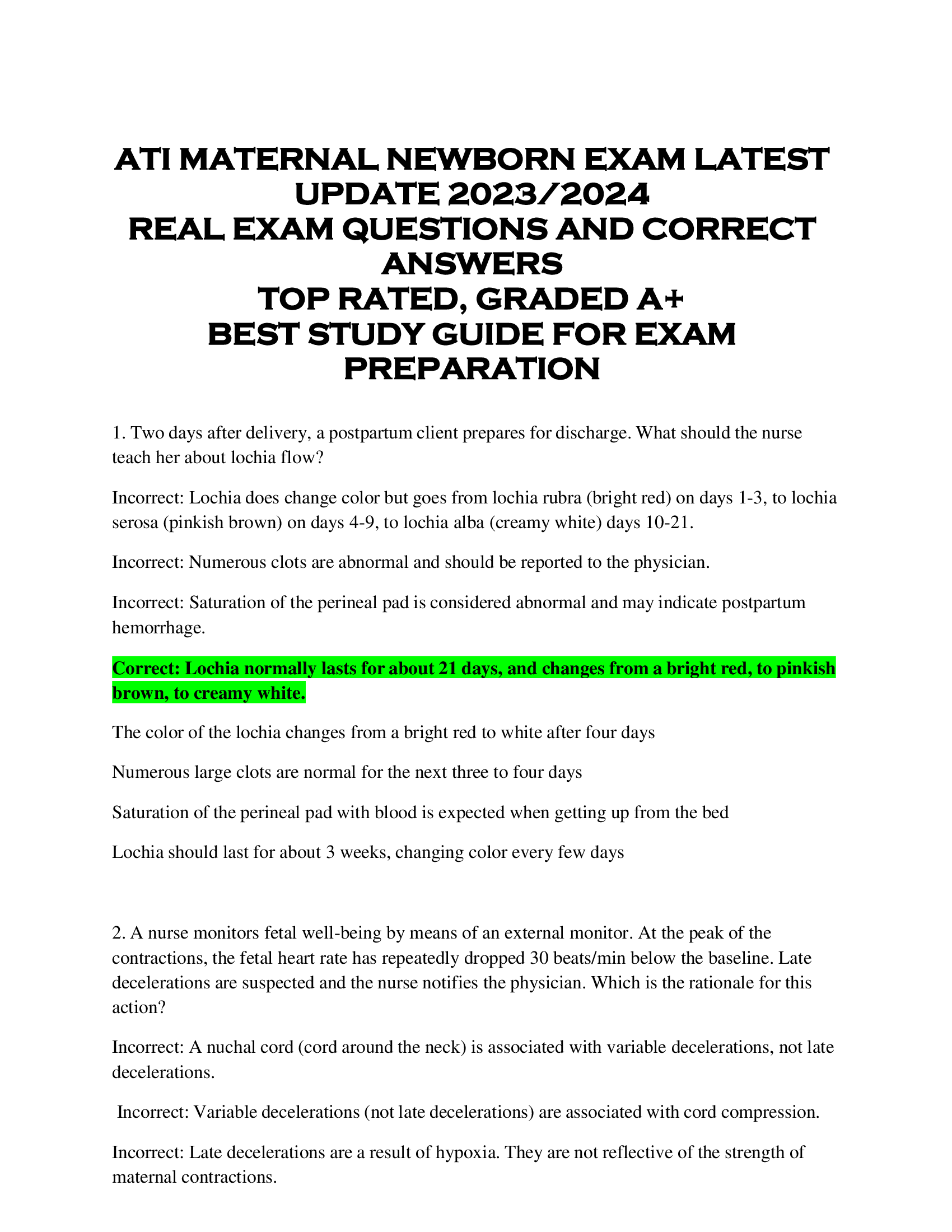 ATI MATERNAL NEWBORN EXAM LATEST  UPDATE 2023 | 2024  REAL EXAM QUESTIONS AND CORRECT  ANSWERS  TOP RATED, GRADED A+  BEST STUDY GUIDE FOR EXAM  PREPARATION