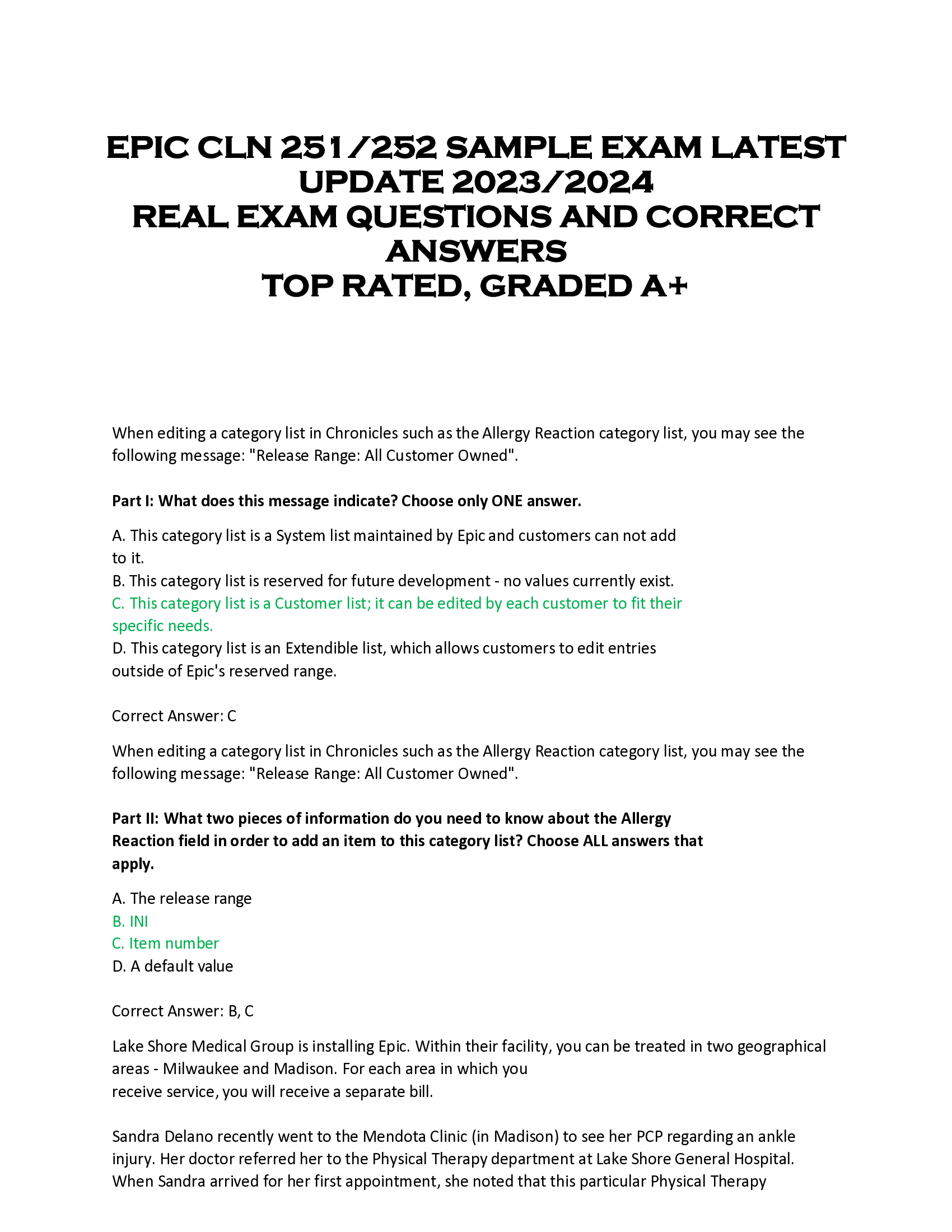 EPIC CLN 251, 252 SAMPLE EXAM LATEST  UPDATE 2023 | 2024  REAL EXAM QUESTIONS AND CORRECT  ANSWERS  TOP RATED, GRADED A+