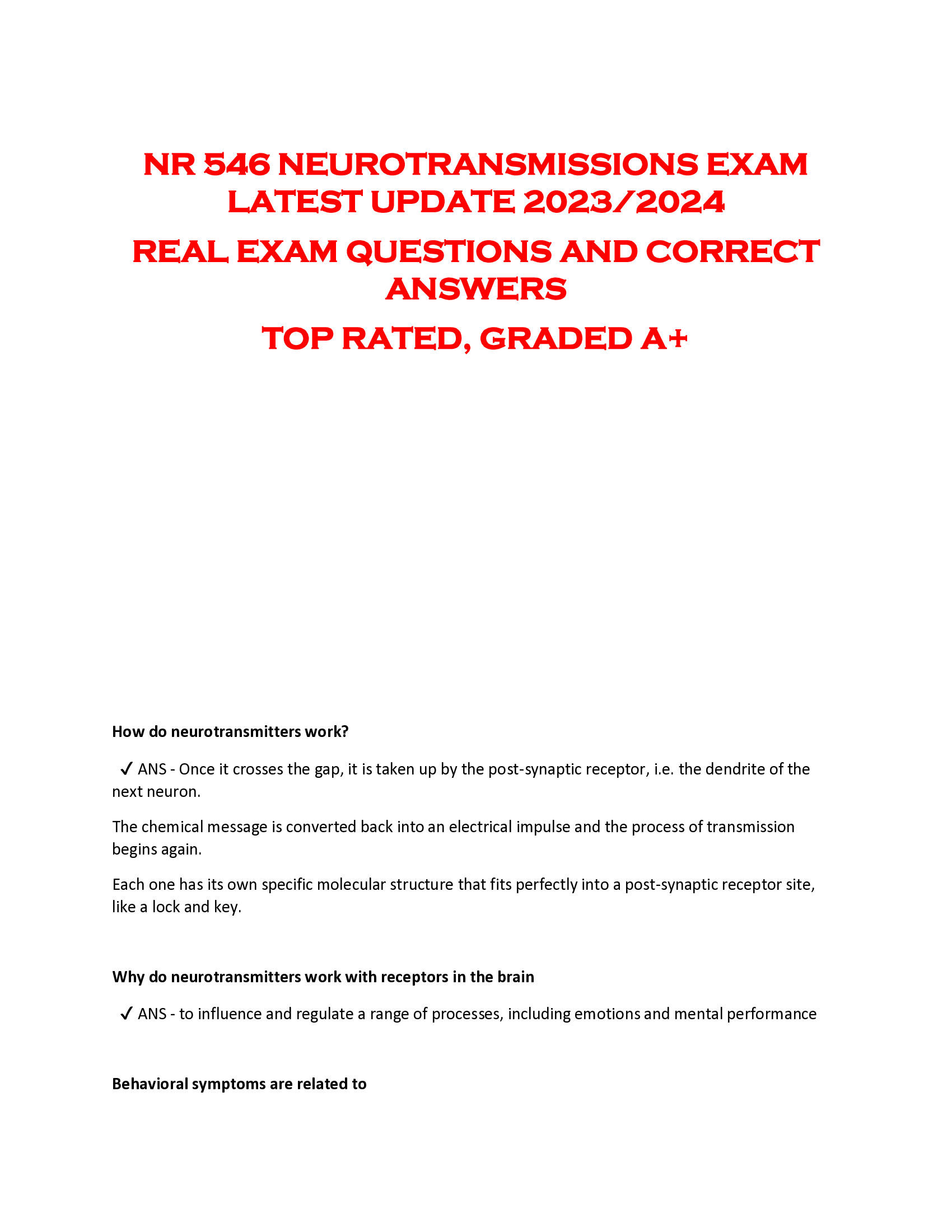 NR 546 NEUROTRANSMISSIONS EXAM  LATEST UPDATE 2023, 2024  REAL EXAM QUESTIONS AND CORRECT  ANSWERS  TOP RATED, GRADED A+