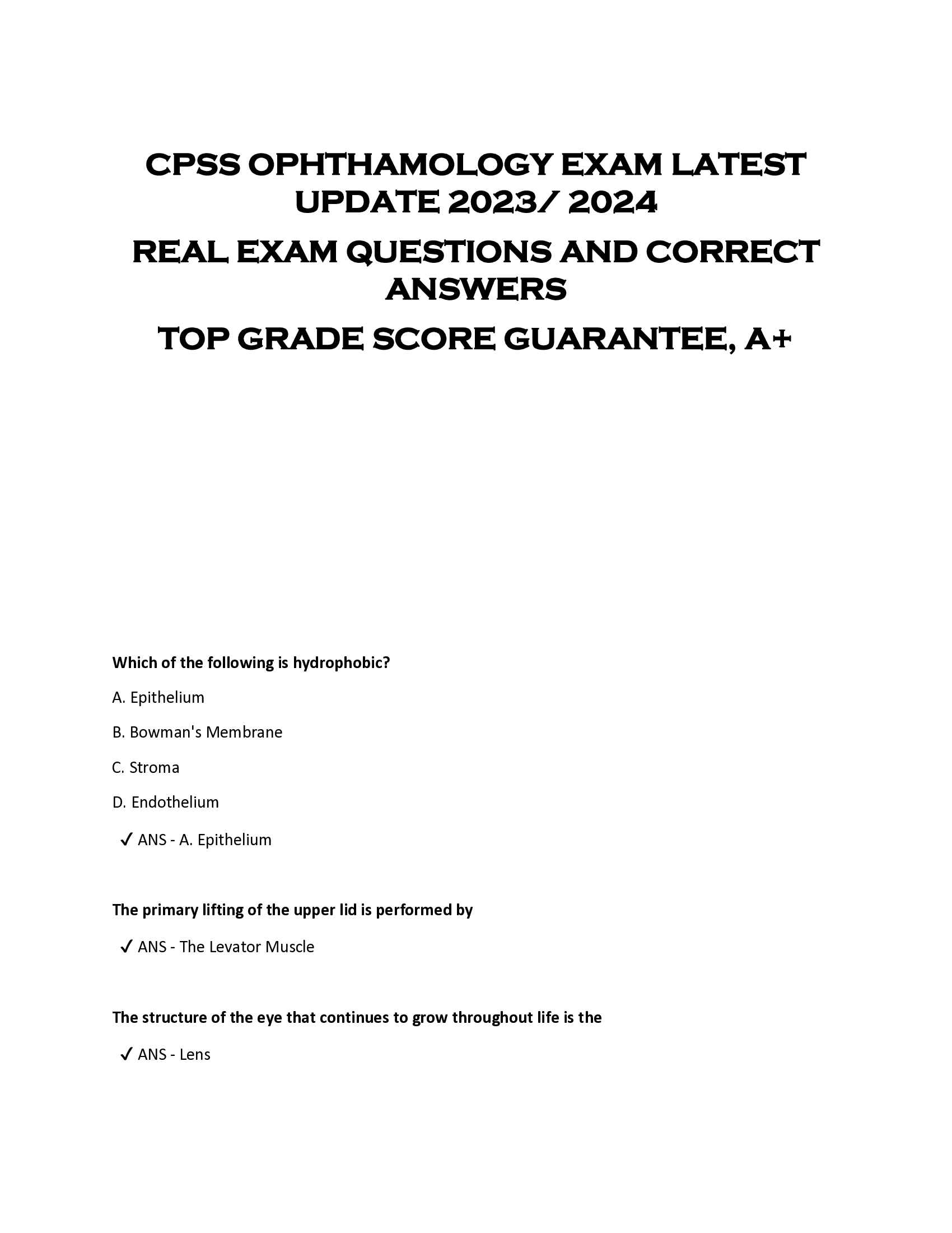 CPSS OPHTHAMOLOGY EXAM LATEST  UPDATE 2023, 2024  REAL EXAM QUESTIONS AND CORRECT  ANSWERS  TOP GRADE SCORE GUARANTEE, A+