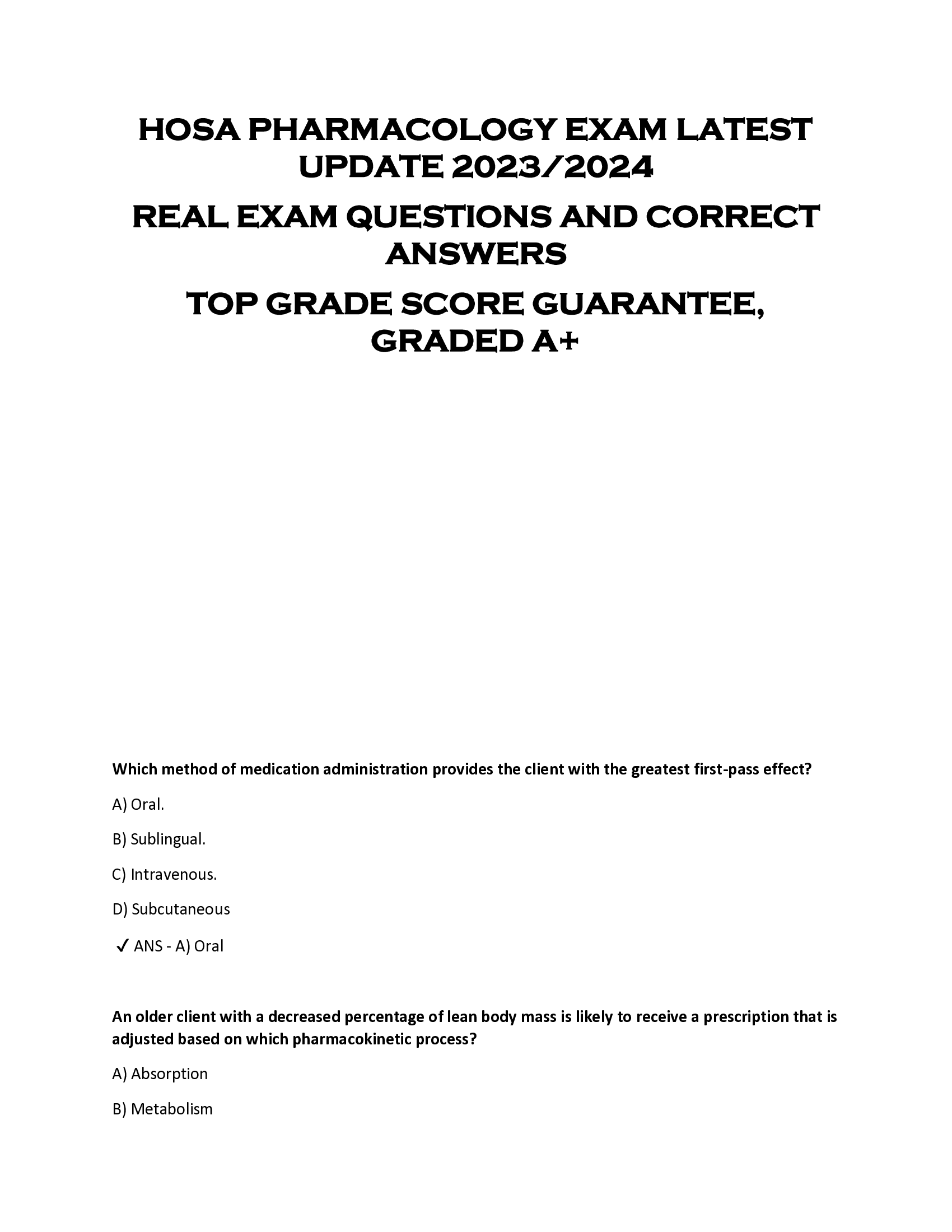 HOSA PHARMACOLOGY EXAM LATEST  UPDATE 2023 | 2024  REAL EXAM QUESTIONS AND CORRECT  ANSWERS  TOP GRADE SCORE GUARANTEE,  GRADED A+