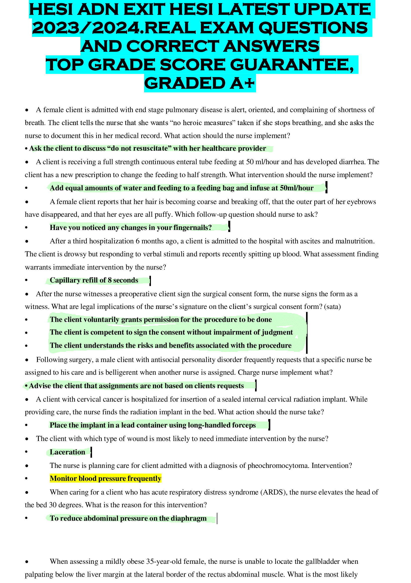 HESI ADN EXIT HESI LATEST UPDATE  2023 | 2024.REAL EXAM QUESTIONS  AND CORRECT ANSWERS  TOP GRADE SCORE GUARANTEE,  GRADED A+