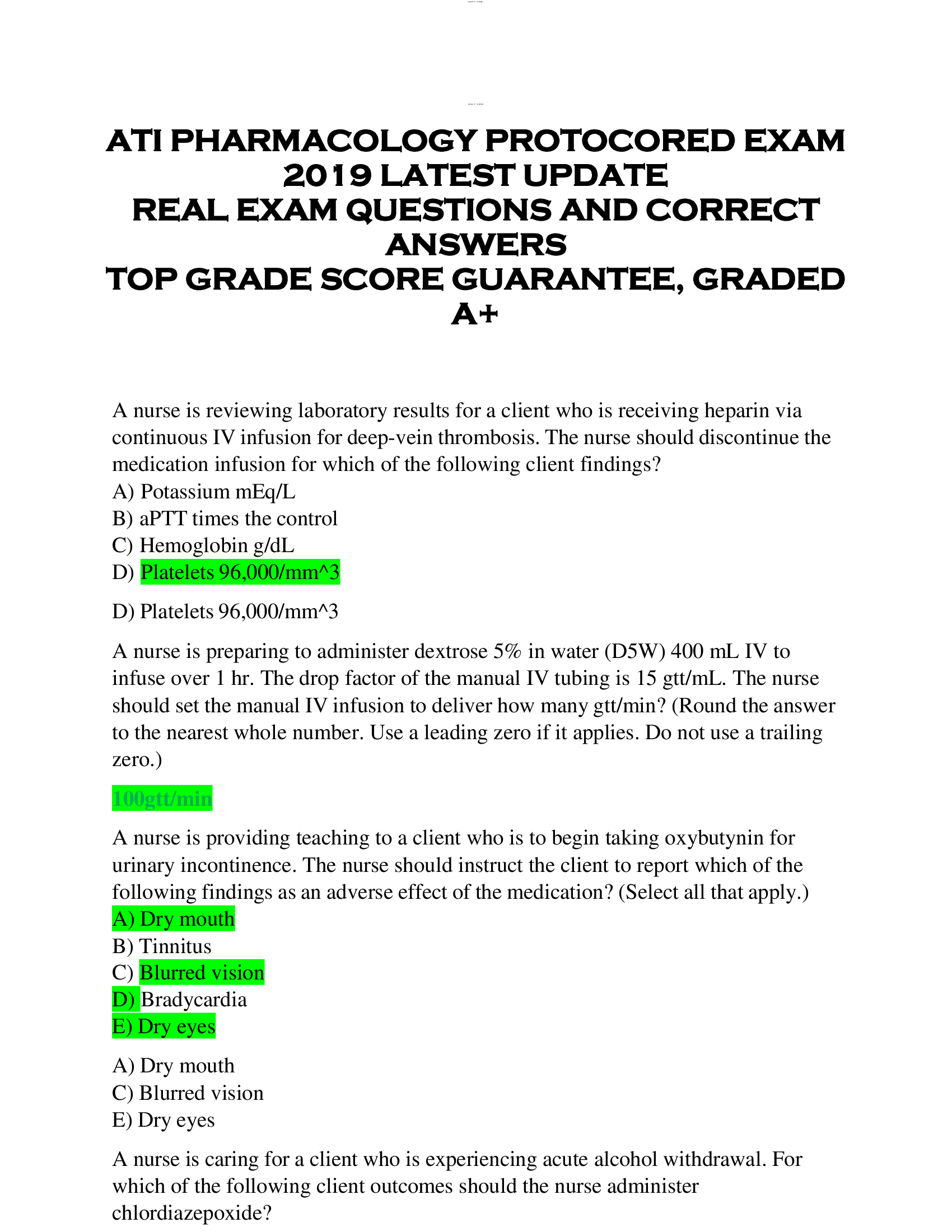 ATI PHARMACOLOGY PROTOCORED EXAM  2019 LATEST UPDATE  REAL EXAM QUESTIONS AND CORRECT  ANSWERS  TOP GRADE SCORE GUARANTEE, GRADED  A+