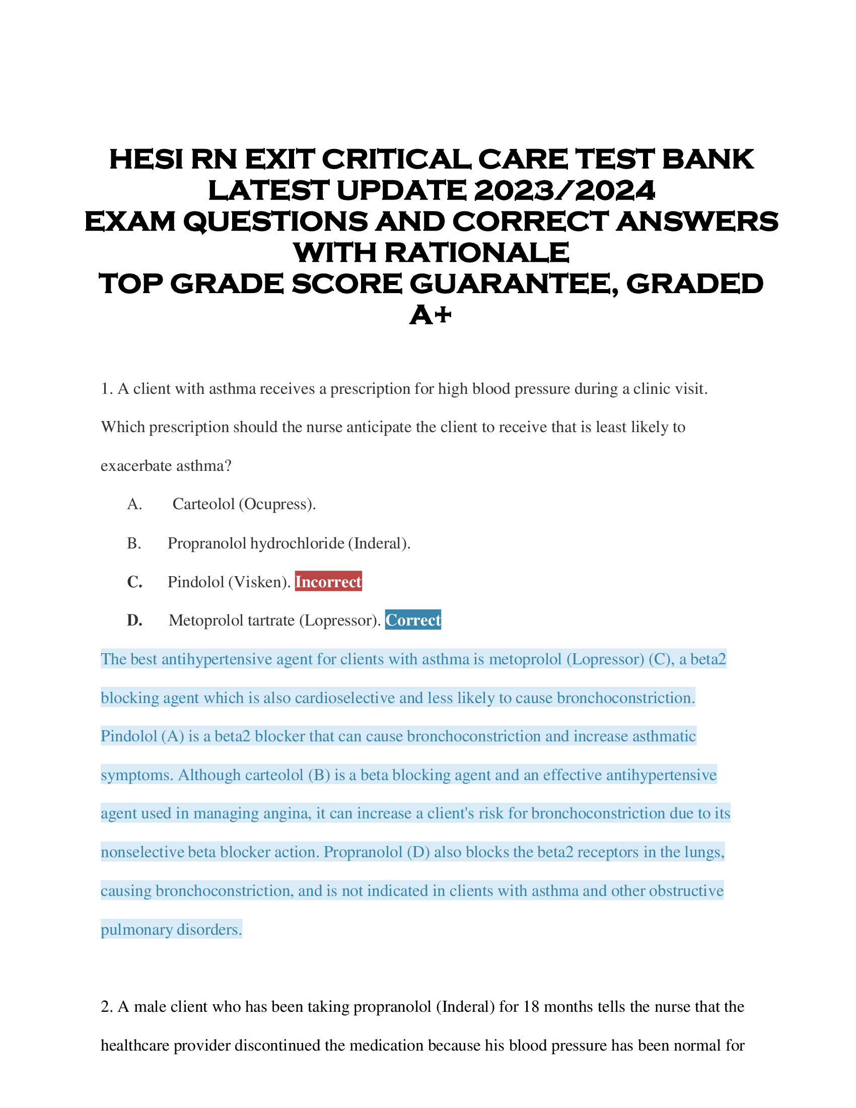 HESI RN EXIT CRITICAL CARE TEST BANK  LATEST UPDATE 2023, 2024  EXAM QUESTIONS AND CORRECT ANSWERS  WITH RATIONALE  TOP GRADE SCORE GUARANTEE, GRADED  A+