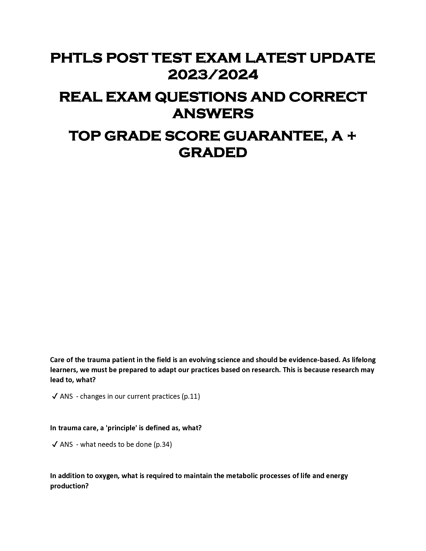 PHTLS POST TEST EXAM LATEST UPDATE  2023, 2024  REAL EXAM QUESTIONS AND CORRECT  ANSWERS  TOP GRADE SCORE GUARANTEE, A +  GRADED
