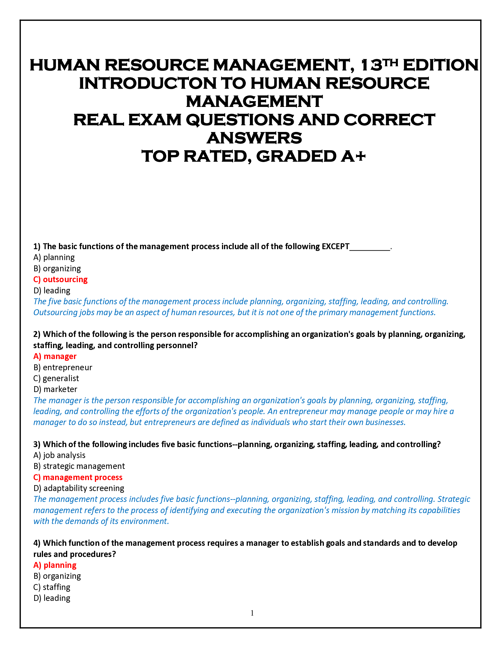 HUMAN RESOURCE MANAGEMENT, 13TH EDITION  INTRODUCTON TO HUMAN RESOURCE  MANAGEMENT  REAL EXAM QUESTIONS AND CORRECT  ANSWERS  TOP RATED, GRADED A+
