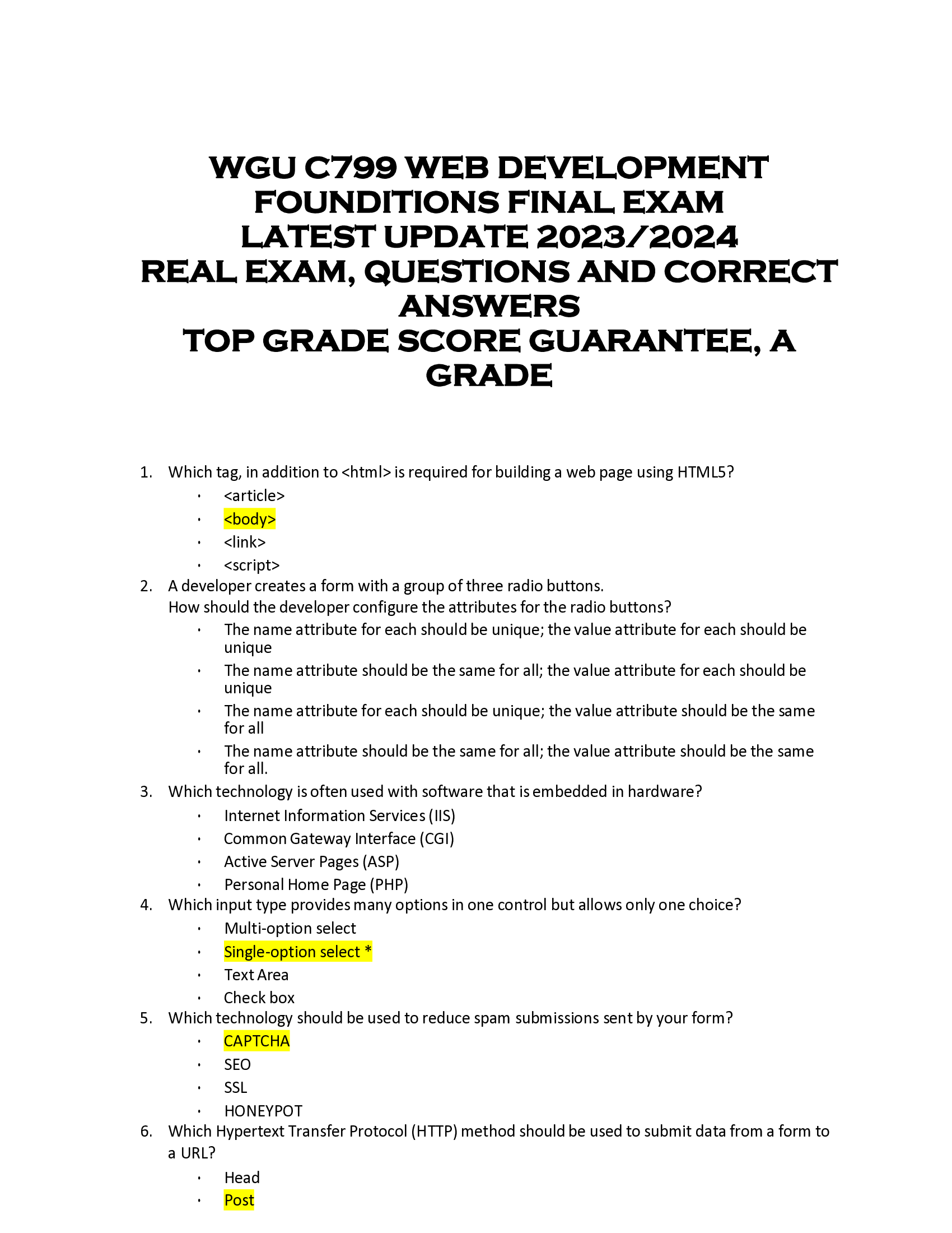 WGU C799 WEB DEVELOPMENT  FOUNDITIONS FINAL EXAM  LATEST UPDATE 2023, 2024  REAL EXAM, QUESTIONS AND CORRECT  ANSWERS  TOP GRADE SCORE GUARANTEE, A  GRADE