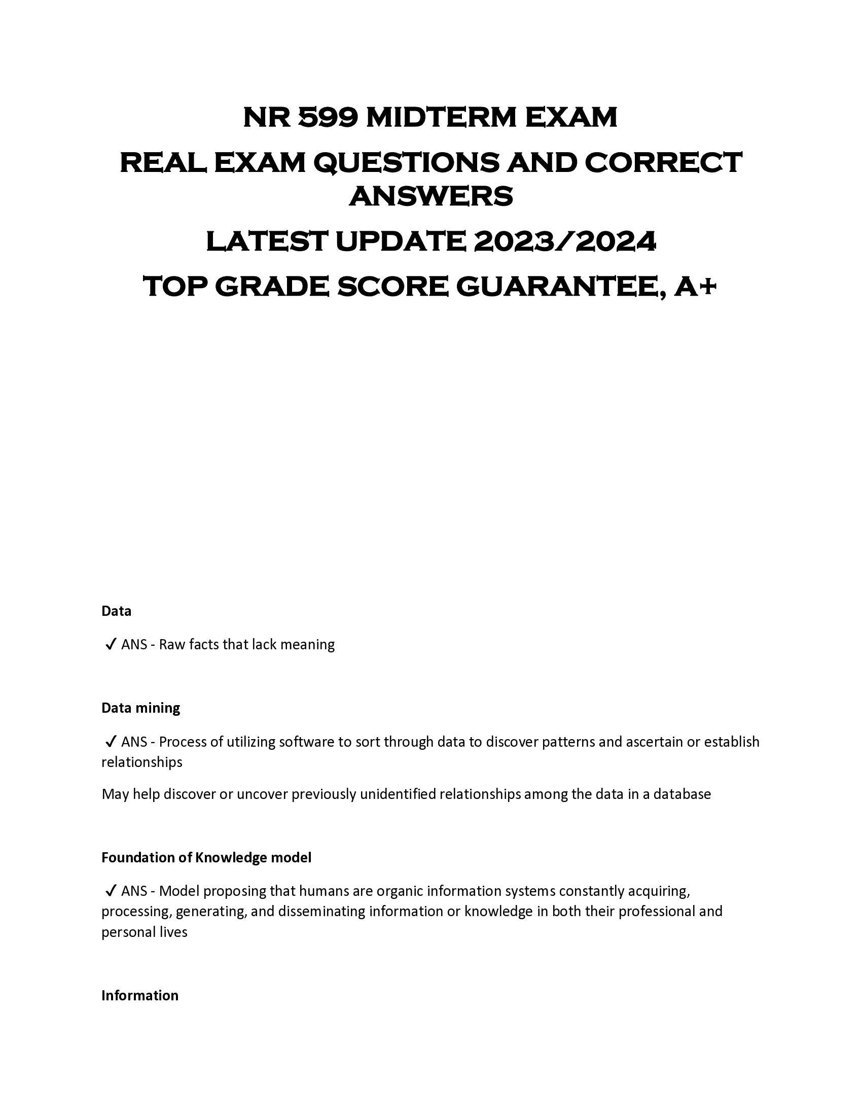 NR 599 MIDTERM EXAM  REAL EXAM QUESTIONS AND CORRECT  ANSWERS  LATEST UPDATE 2023, 2024  TOP GRADE SCORE GUARANTEE, A+