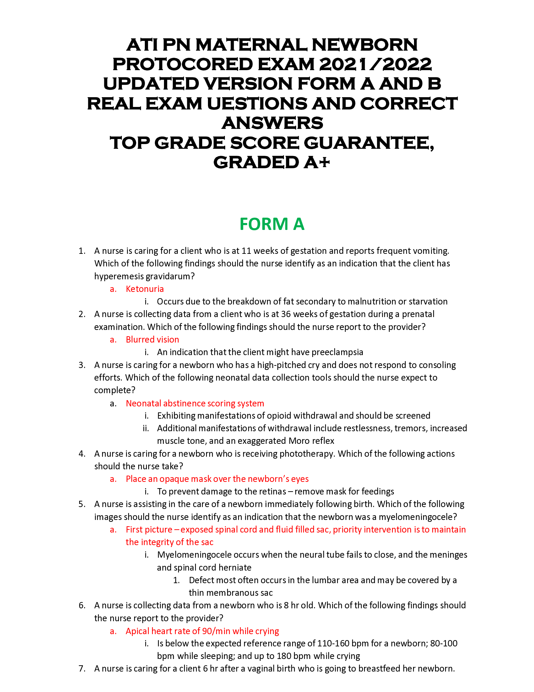 ATI PN MATERNAL NEWBORN  PROTOCORED EXAM 2021 | 2022  UPDATED VERSION FORM A AND B  REAL EXAM UESTIONS AND CORRECT  ANSWERS  TOP GRADE SCORE GUARANTEE,  GRADED A+