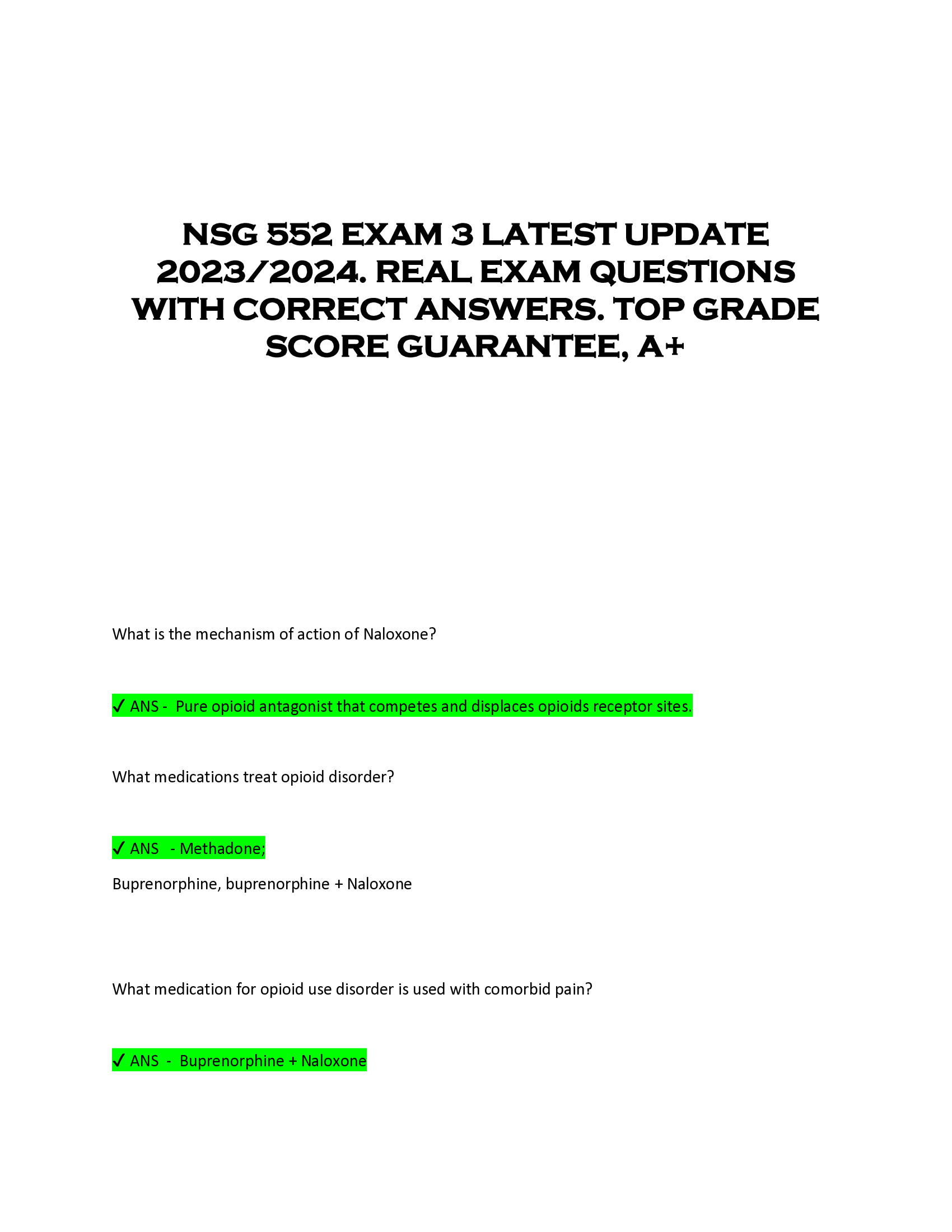 NSG 552 EXAM 3 LATEST UPDATE  2023, 2024. REAL EXAM QUESTIONS  WITH CORRECT ANSWERS. TOP GRADE  SCORE GUARANTEE, A+