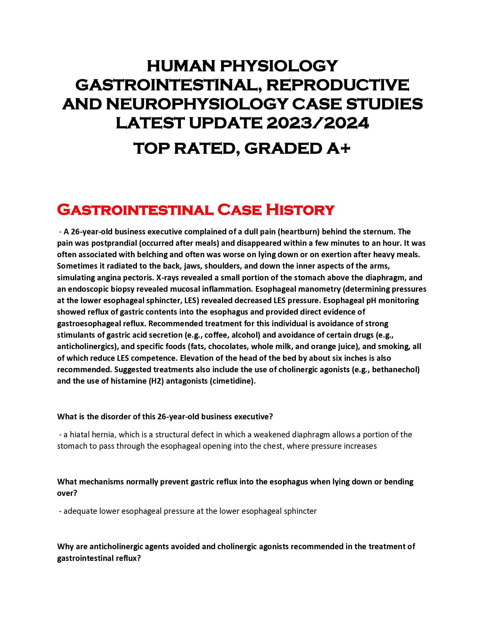 HUMAN PHYSIOLOGY  GASTROINTESTINAL, REPRODUCTIVE  AND NEUROPHYSIOLOGY CASE STUDIES  LATEST UPDATE 2023, 2024  TOP RATED, GRADED A+