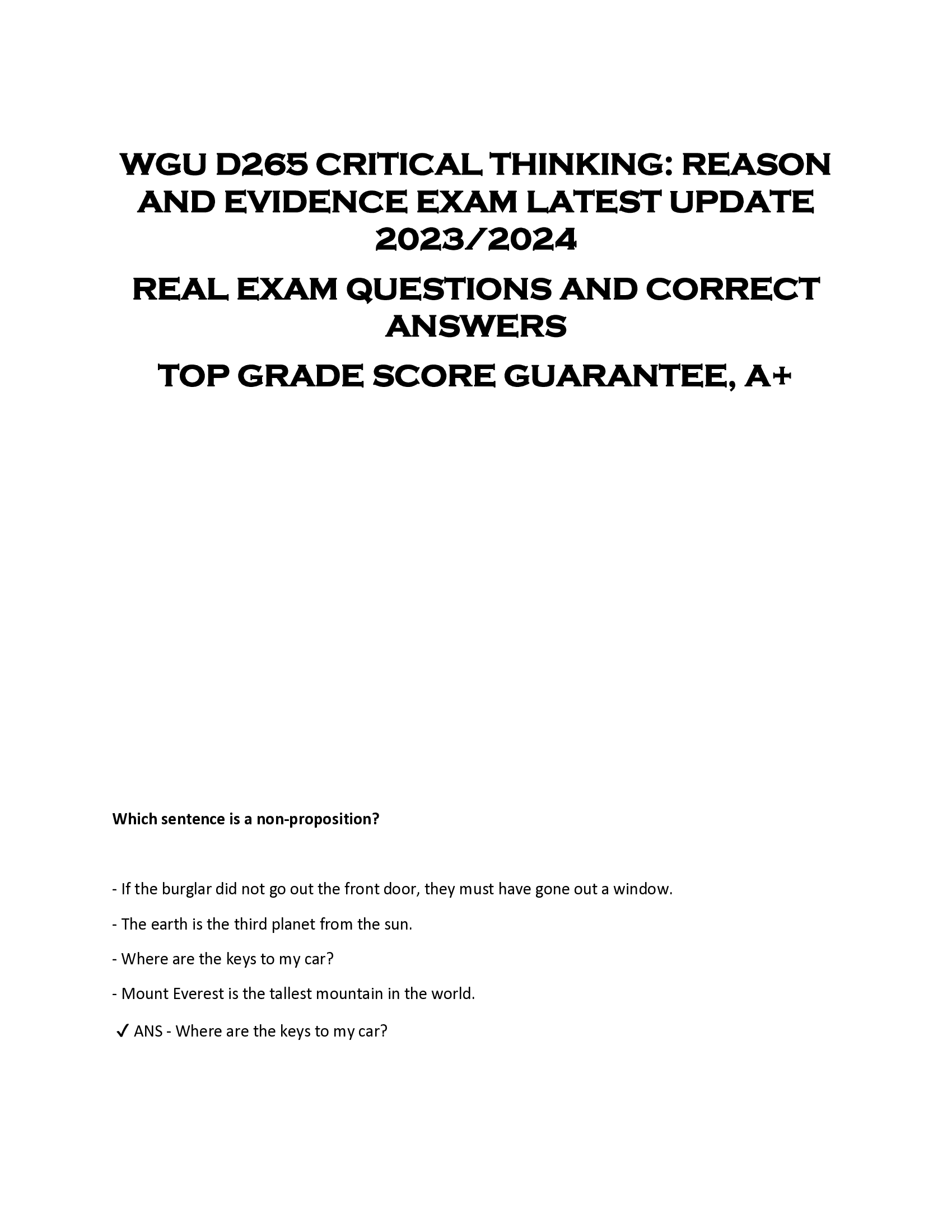WGU D265 CRITICAL THINKING: REASON  AND EVIDENCE EXAM LATEST UPDATE  2023, 2024  REAL EXAM QUESTIONS AND CORRECT  ANSWERS  TOP GRADE SCORE GUARANTEE, A+