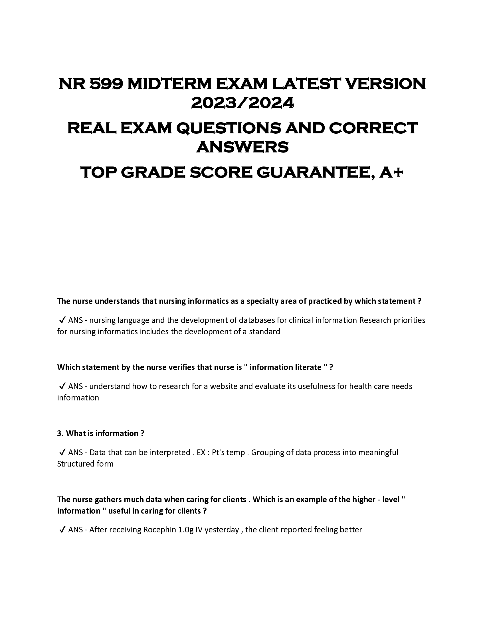 NR 599 MIDTERM EXAM LATEST VERSION  2023 | 2024  REAL EXAM QUESTIONS AND CORRECT  ANSWERS  TOP GRADE SCORE GUARANTEE, A+