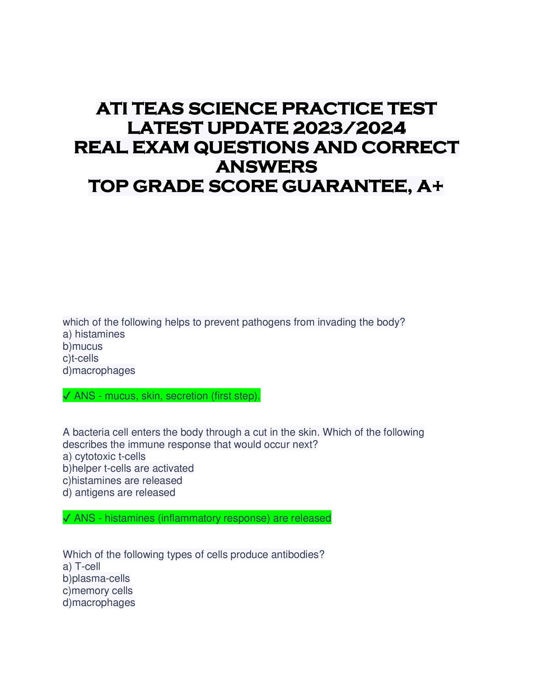 ATI TEAS SCIENCE PRACTICE TEST  LATEST UPDATE 2023, 2024  REAL EXAM QUESTIONS AND CORRECT  ANSWERS  TOP GRADE SCORE GUARANTEE, A+