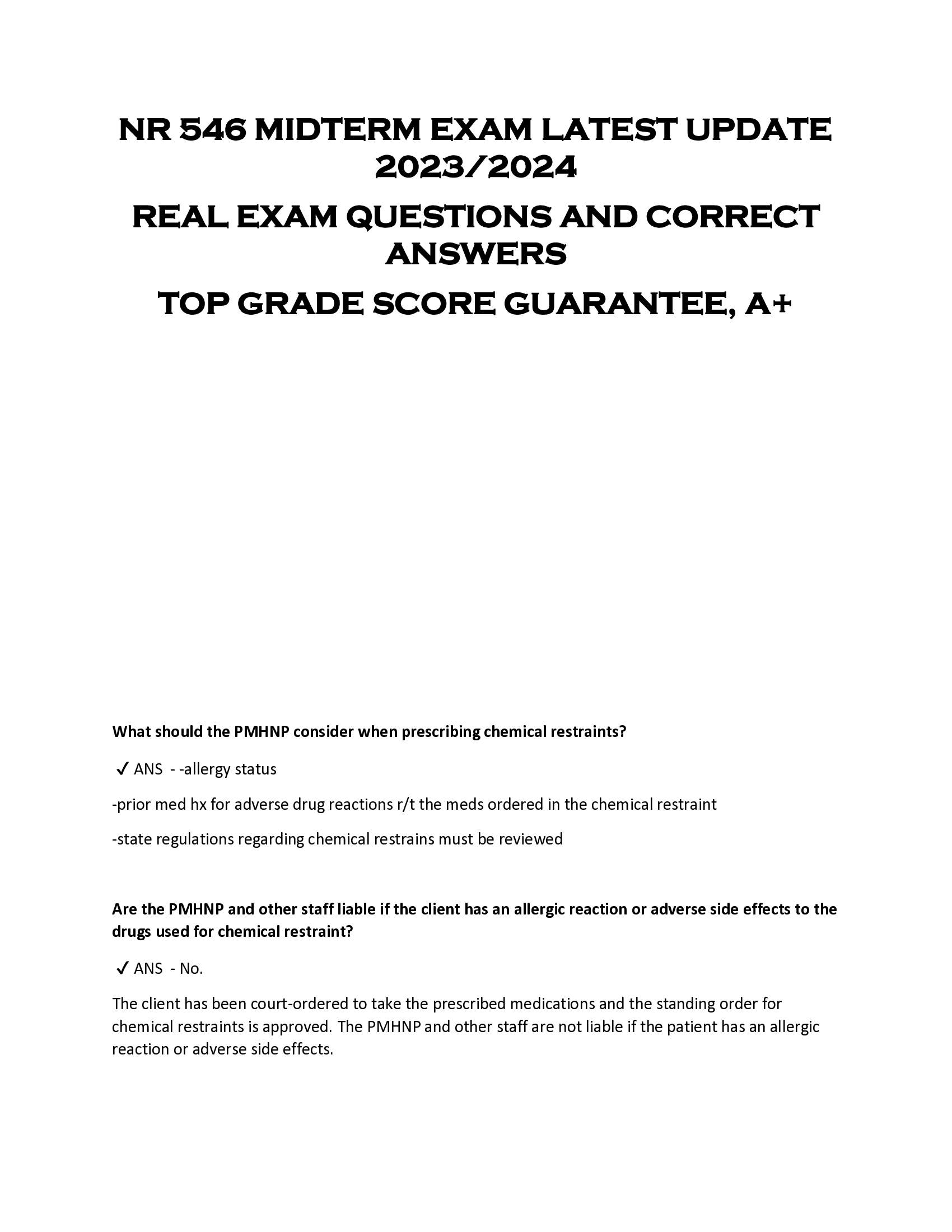 NR 546 MIDTERM EXAM LATEST UPDATE  2023 | 2024  REAL EXAM QUESTIONS AND CORRECT  ANSWERS  TOP GRADE SCORE GUARANTEE, A+