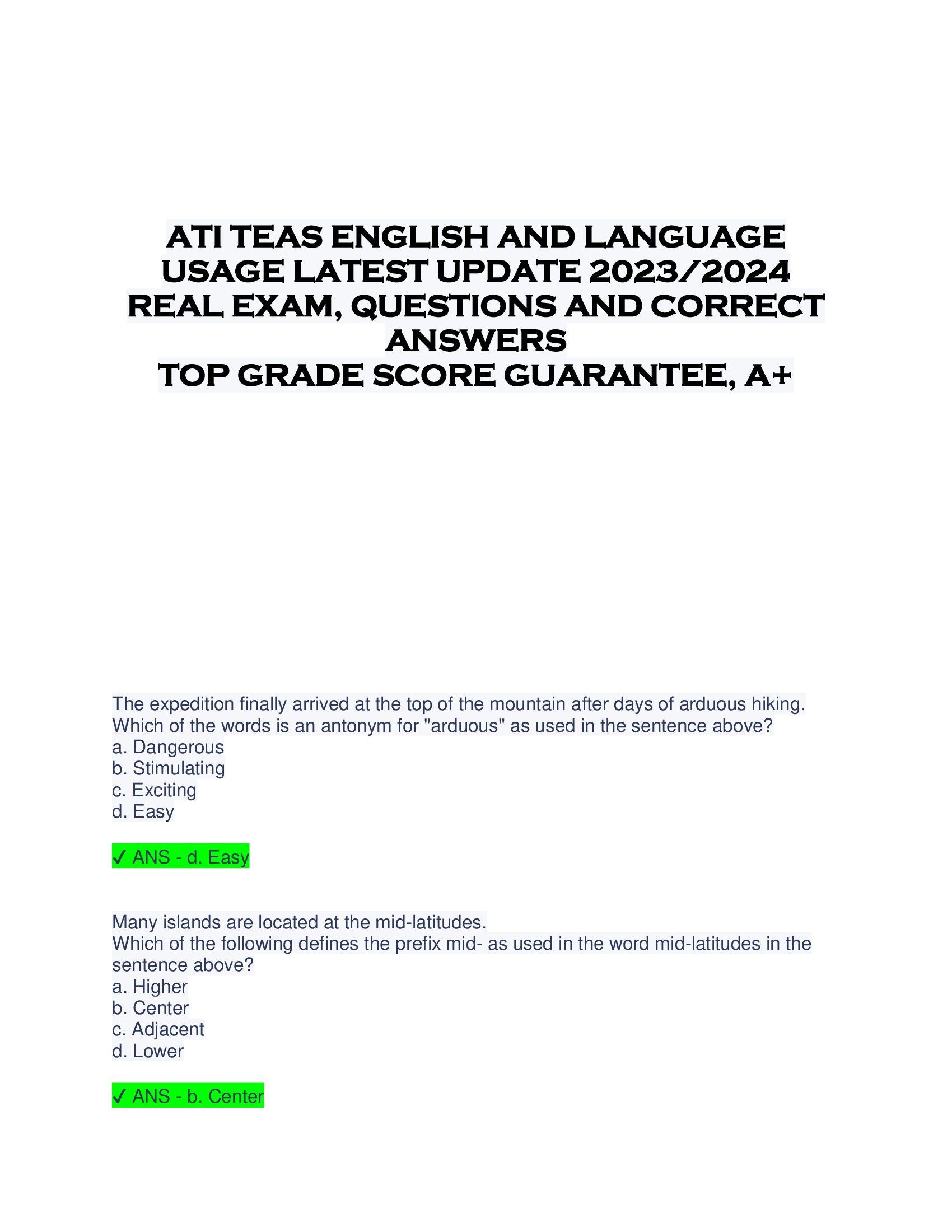 ATI TEAS ENGLISH AND LANGUAGE  USAGE LATEST UPDATE 2023, 2024  REAL EXAM, QUESTIONS AND CORRECT  ANSWERS  TOP GRADE SCORE GUARANTEE, A+