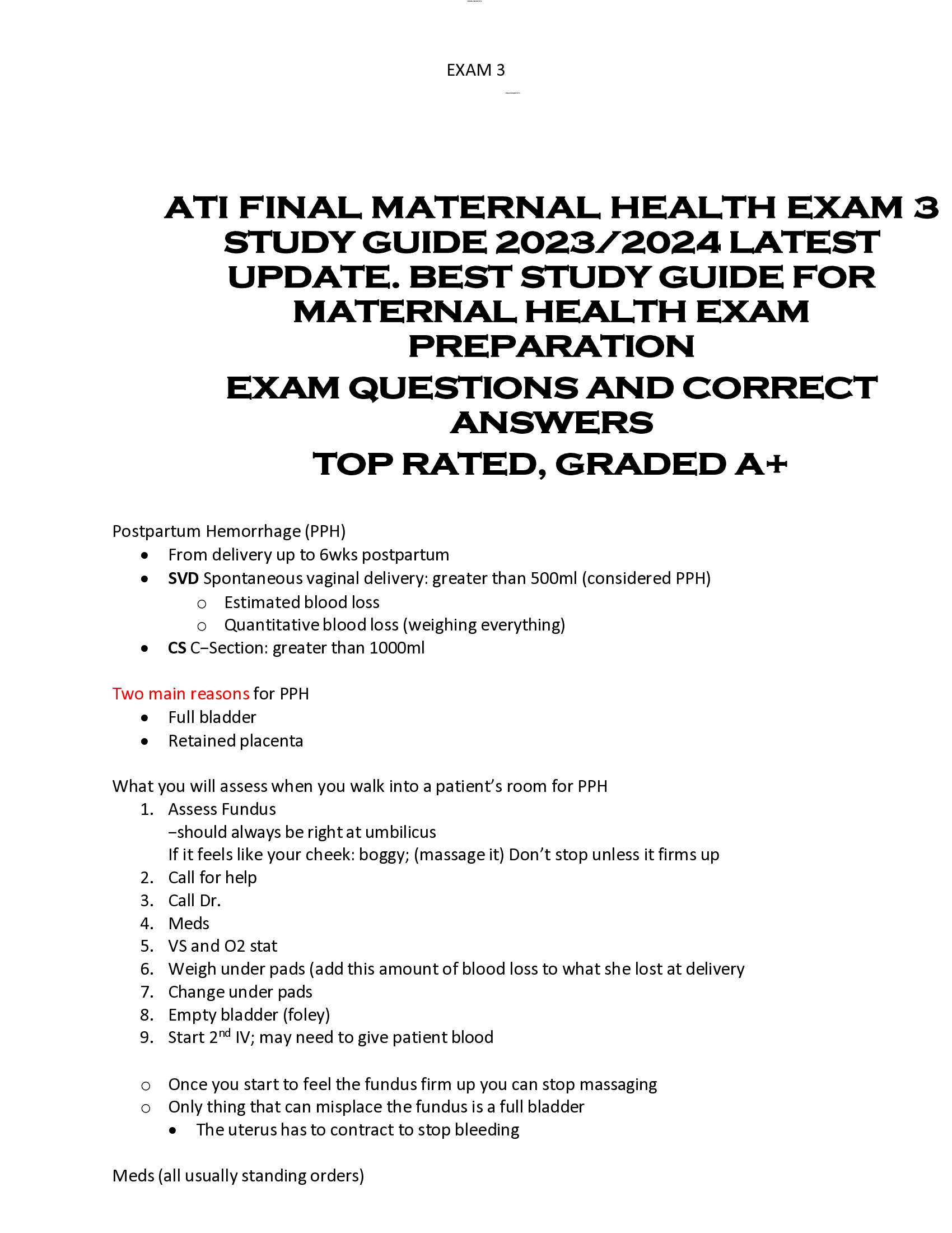 ATI FINAL MATERNAL HEALTH EXAM 3  STUDY GUIDE 2023, 2024 LATEST  UPDATE. BEST STUDY GUIDE FOR  MATERNAL HEALTH EXAM  PREPARATION  EXAM QUESTIONS AND CORRECT  ANSWERS  TOP RATED, GRADED A+