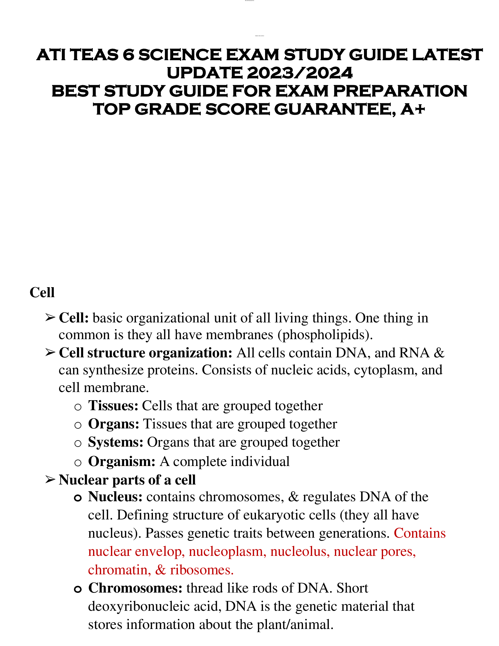 ATI TEAS 6 SCIENCE EXAM STUDY GUIDE LATEST  UPDATE 2023, 2024  BEST STUDY GUIDE FOR EXAM PREPARATION  TOP GRADE SCORE GUARANTEE, A+