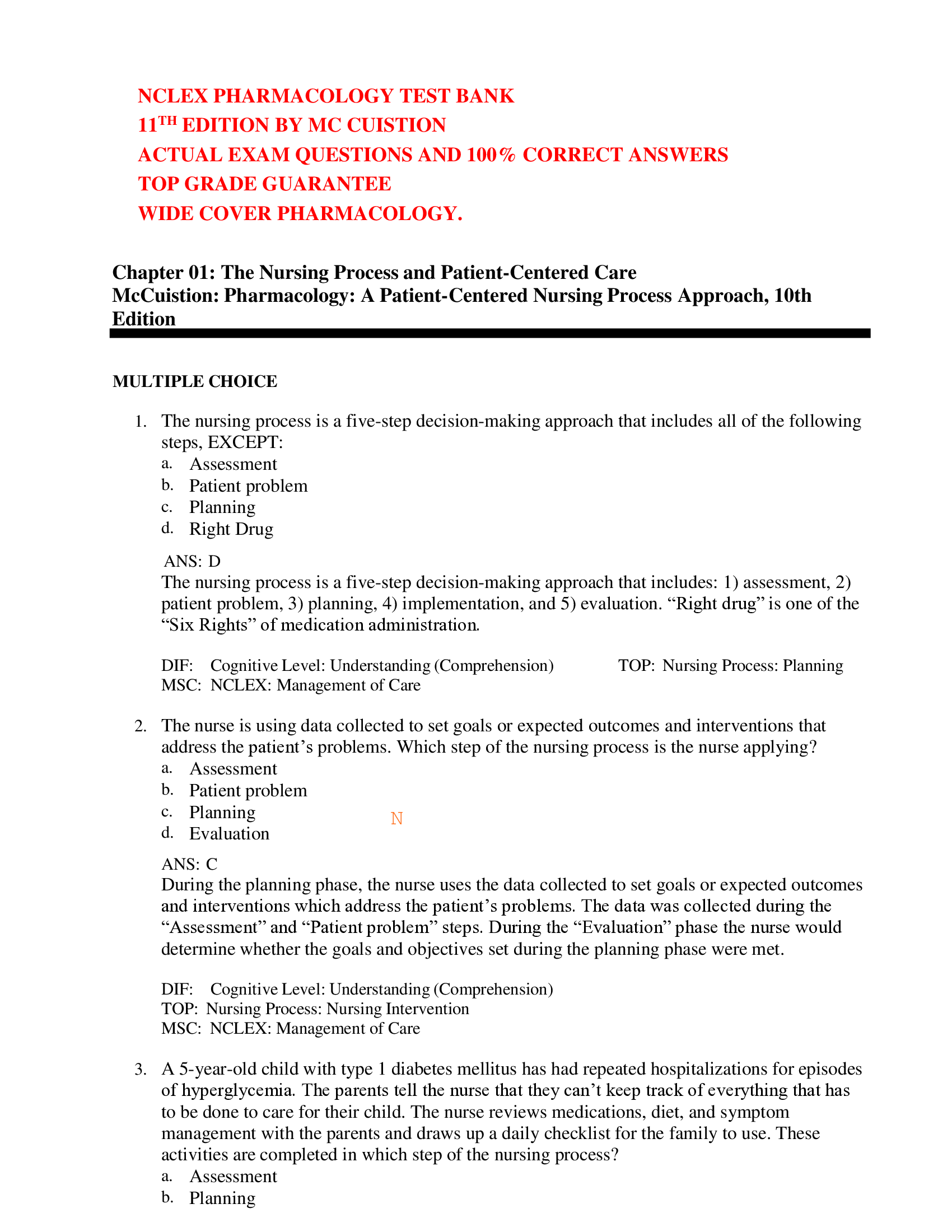 NCLEX PHARMACOLOGY TEST BANK 11TH EDITION BY MC CUISTION  ACTUAL EXAM QUESTIONS AND 100% CORRECT ANSWERS TOP GRADE GUARANTEE WIDE COVER PHARMACOLOGY.