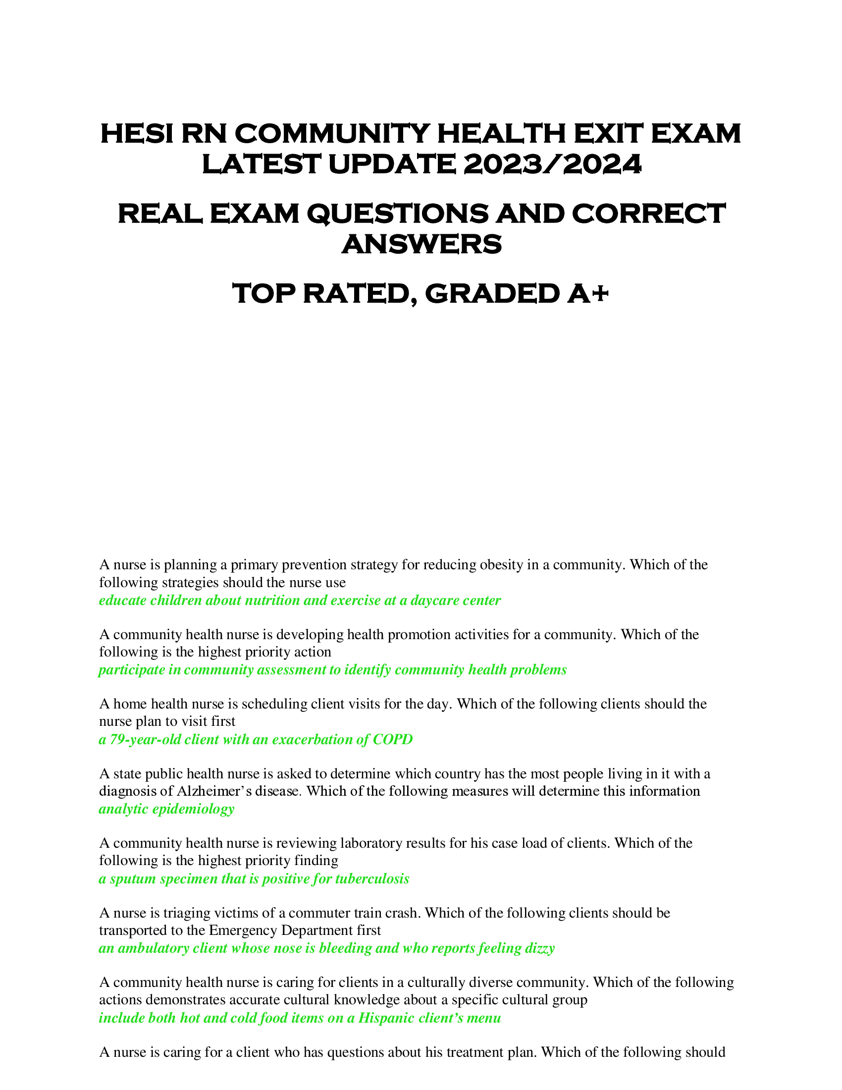 HESI RN COMMUNITY HEALTH EXIT EXAM LATEST UPDATE 2023, 2024 REAL EXAM QUESTIONS AND CORRECT ANSWERS TOP RATED, GRADED A+