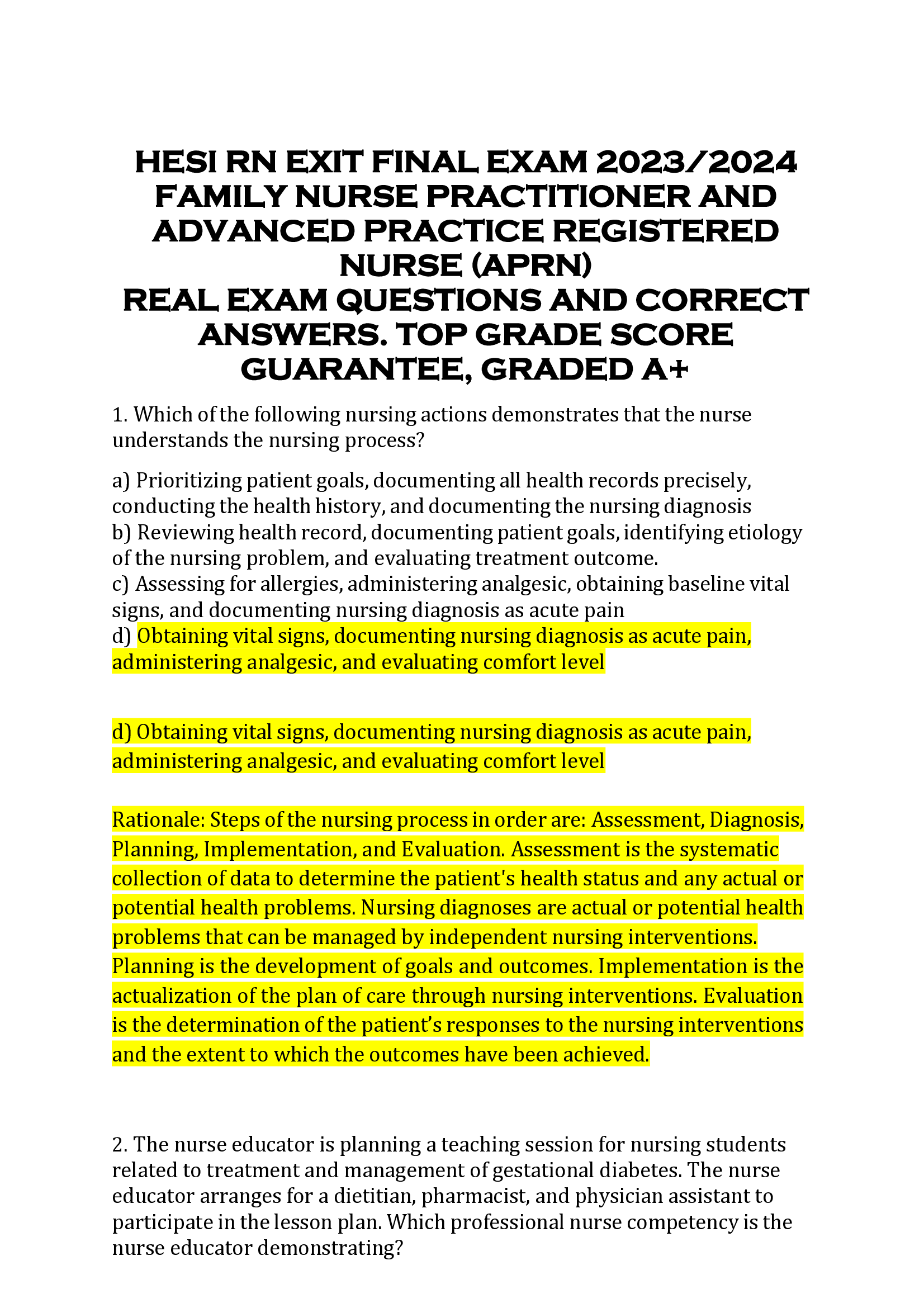 HESI RN EXIT FINAL EXAM 2023 | 2024  FAMILY NURSE PRACTITIONER AND  ADVANCED PRACTICE REGISTERED  NURSE (APRN)  REAL EXAM QUESTIONS AND CORRECT  ANSWERS. TOP GRADE SCORE  GUARANTEE, GRADED A+