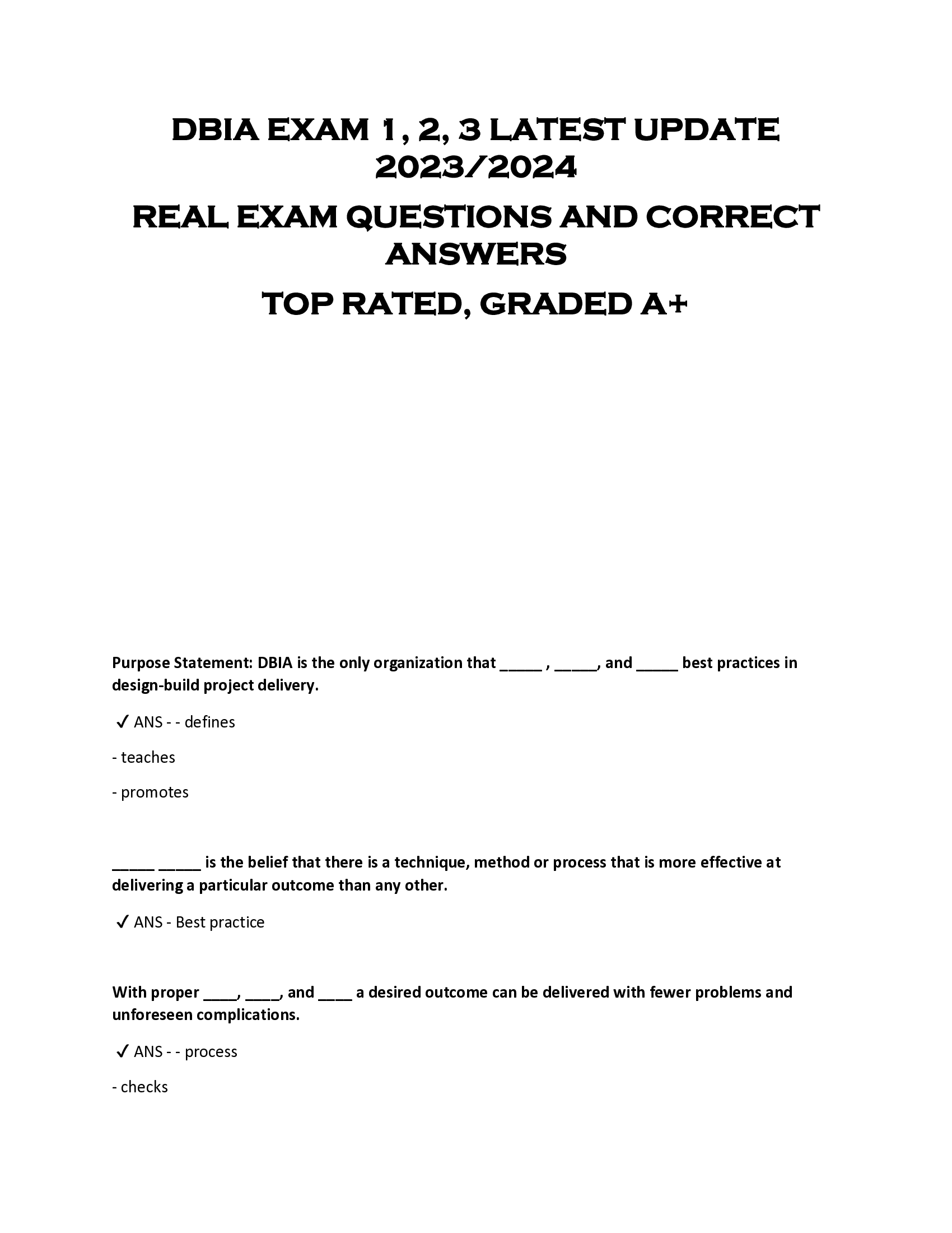 DBIA EXAM 1, 2, 3 LATEST UPDATE  2023, 2024  REAL EXAM QUESTIONS AND CORRECT  ANSWERS  TOP RATED, GRADED A+