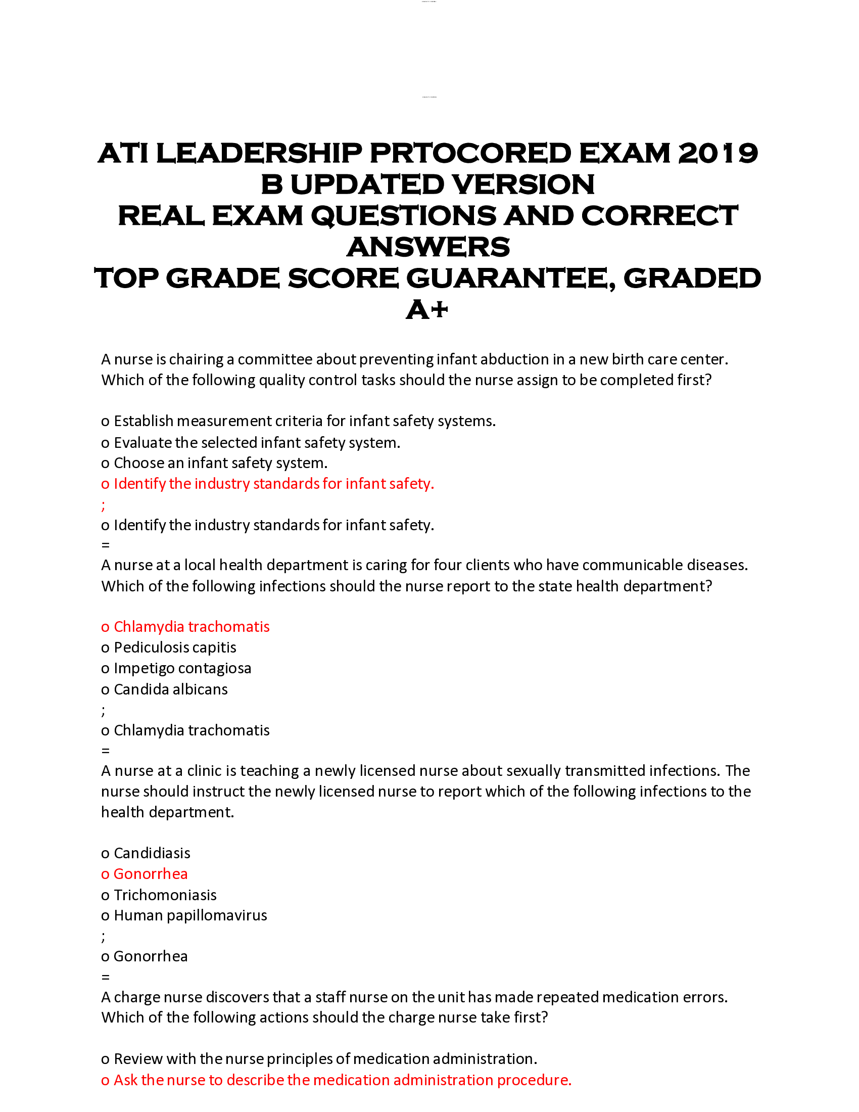ATI LEADERSHIP PRTOCORED EXAM 2019  B UPDATED VERSION  REAL EXAM QUESTIONS AND CORRECT  ANSWERS  TOP GRADE SCORE GUARANTEE, GRADED  A+