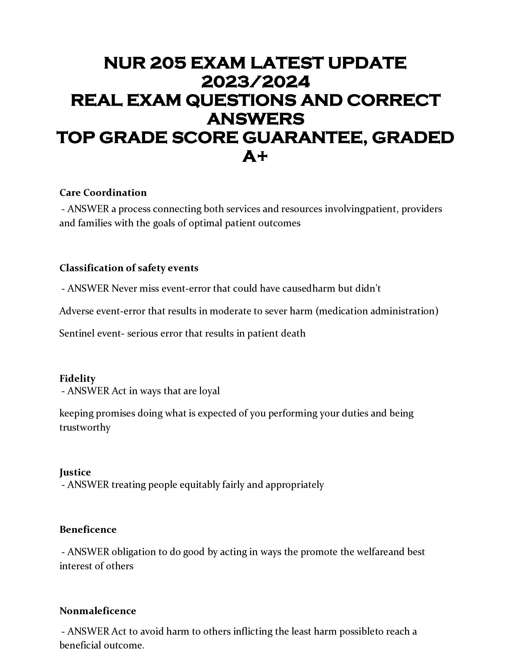 NUR 205 EXAM LATEST UPDATE  2023, 2024  REAL EXAM QUESTIONS AND CORRECT  ANSWERS  TOP GRADE SCORE GUARANTEE, GRADED  A+