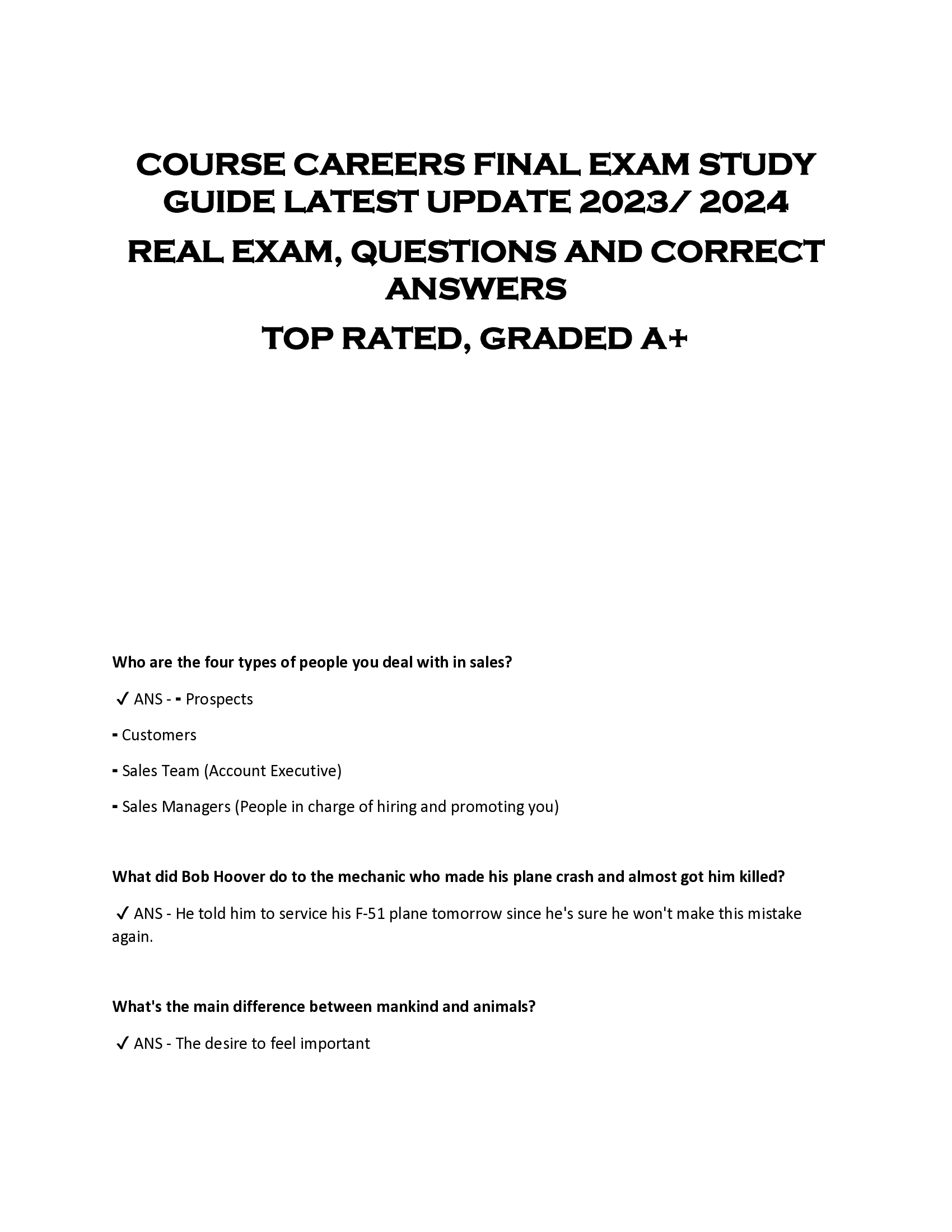 COURSE CAREERS FINAL EXAM STUDY  GUIDE LATEST UPDATE 2023,  2024  REAL EXAM, QUESTIONS AND CORRECT  ANSWERS  TOP RATED, GRADED A+
