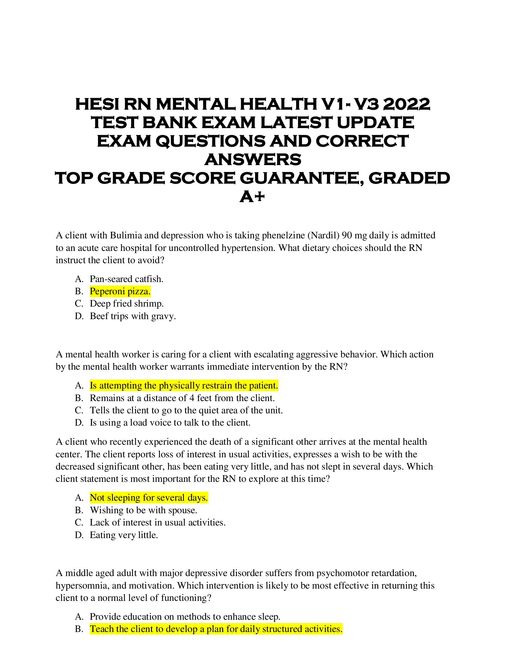 HESI RN MENTAL HEALTH V1- V3 2022  TEST BANK EXAM LATEST UPDATE  EXAM QUESTIONS AND CORRECT  ANSWERS  TOP GRADE SCORE GUARANTEE, GRADED  A+