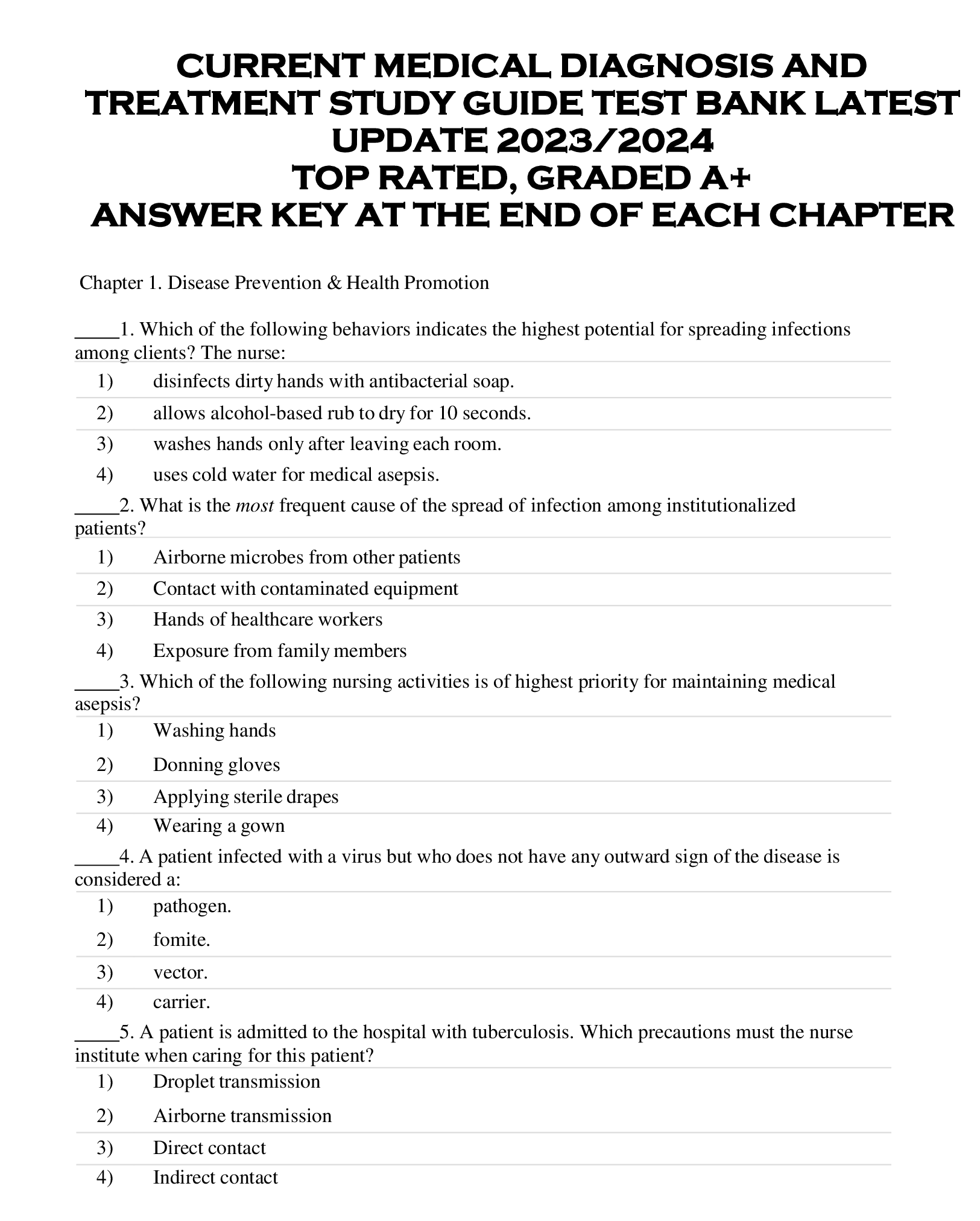 CURRENT MEDICAL DIAGNOSIS AND TREATMENT STUDY GUIDE TEST BANKLATEST UPDATE 2023, 2024 TOP RATED, GRADED A+ ANSWER KEY AT THE END OF EACH CHAPTER