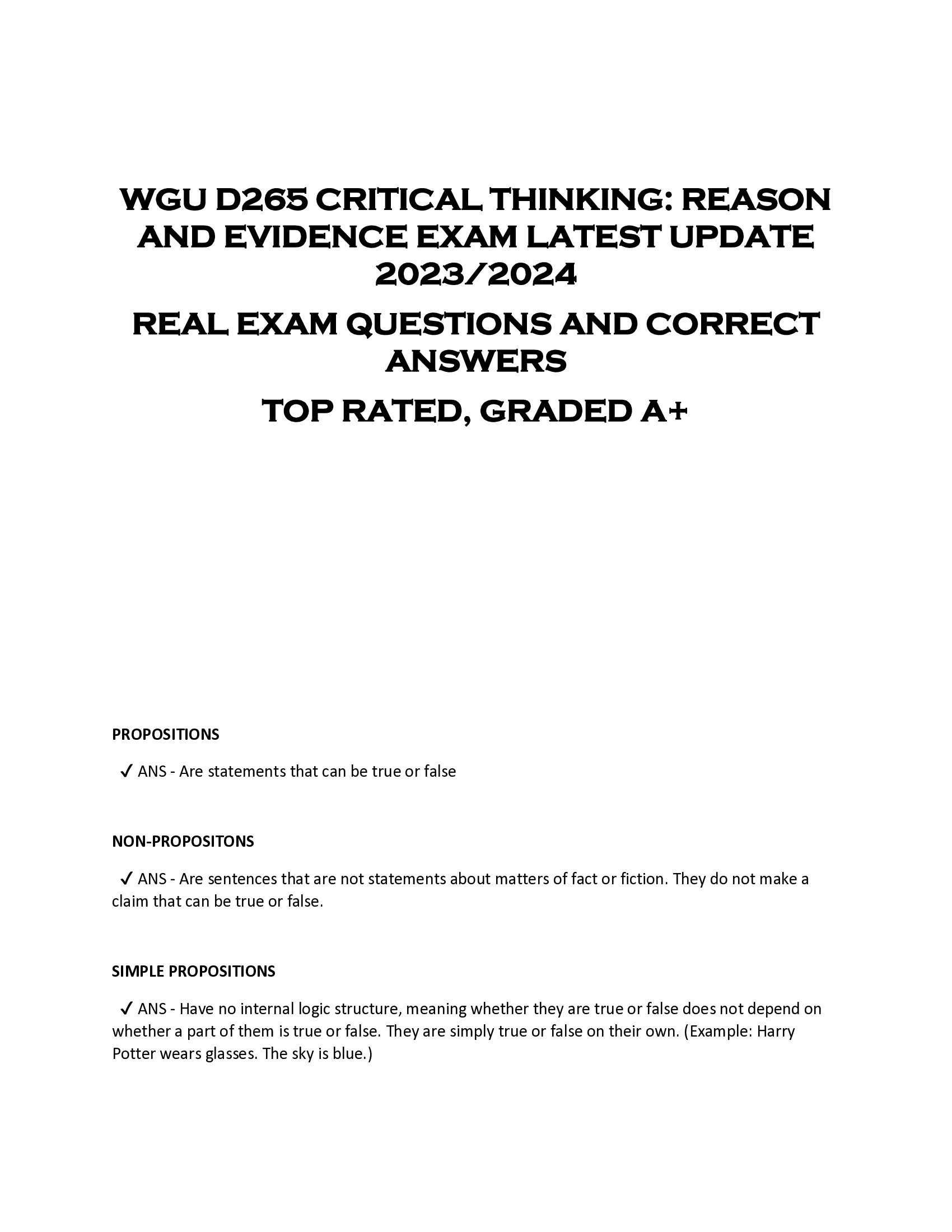 WGU D265 CRITICAL THINKING: REASON  AND EVIDENCE EXAM LATEST UPDATE  2023, 2024  REAL EXAM QUESTIONS AND CORRECT  ANSWERS  TOP RATED, GRADED A+