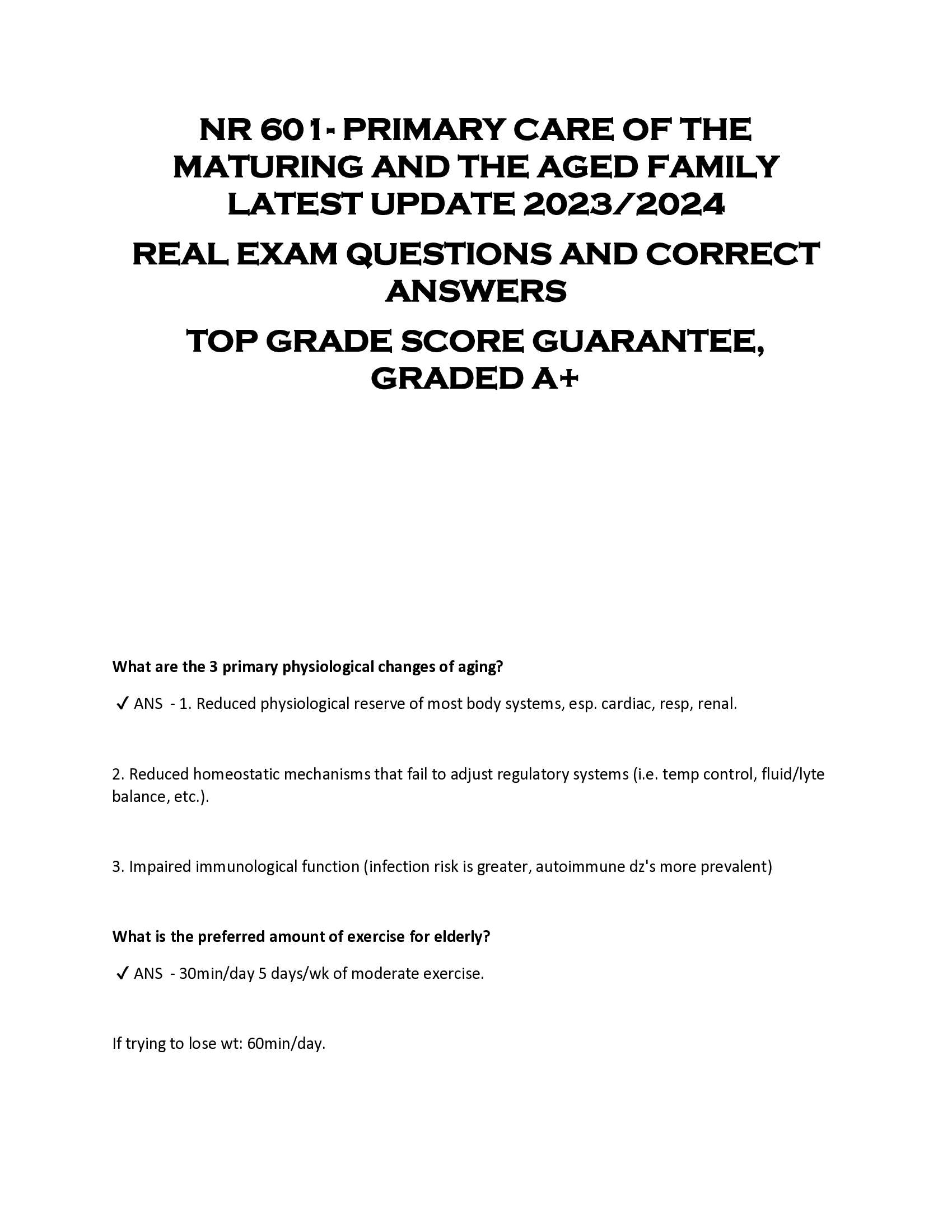 NR 601- PRIMARY CARE OF THE  MATURING AND THE AGED FAMILY  LATEST UPDATE 2023, 2024  REAL EXAM QUESTIONS AND CORRECT  ANSWERS  TOP GRADE SCORE GUARANTEE,  GRADED A+