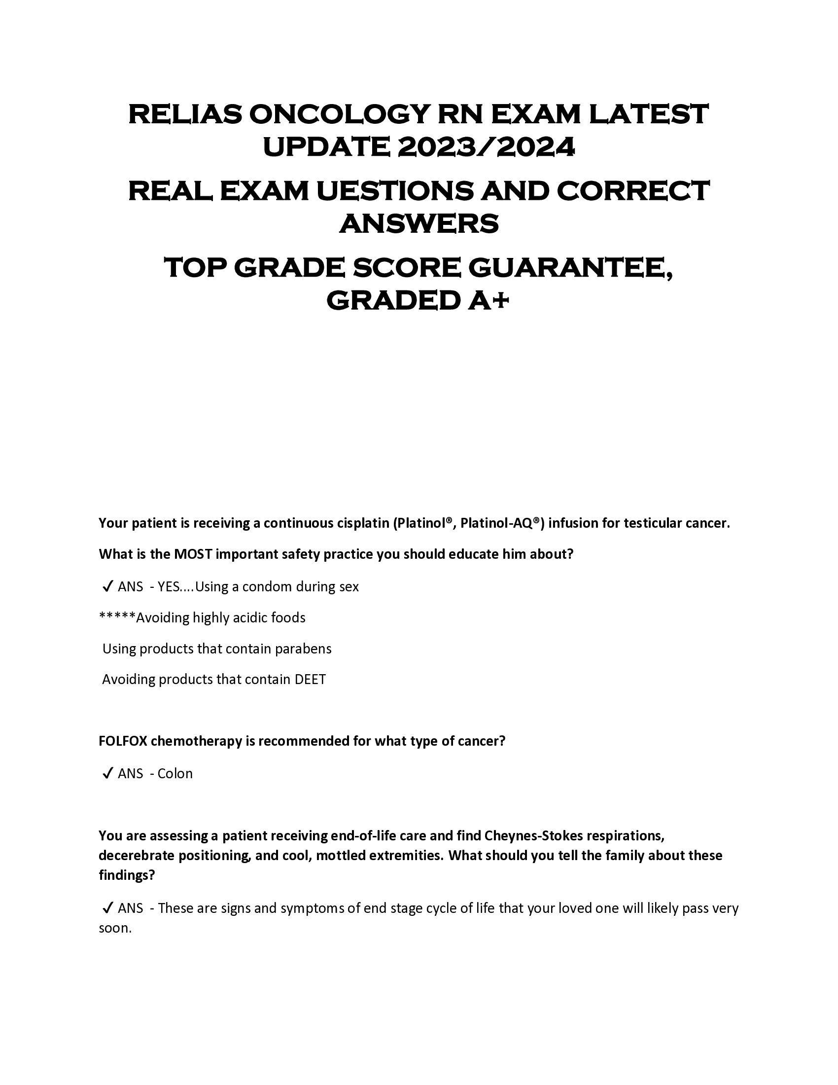 RELIAS ONCOLOGY RN EXAM LATEST  UPDATE 2023 | 2024  REAL EXAM UESTIONS AND CORRECT  ANSWERS  TOP GRADE SCORE GUARANTEE,  GRADED A+