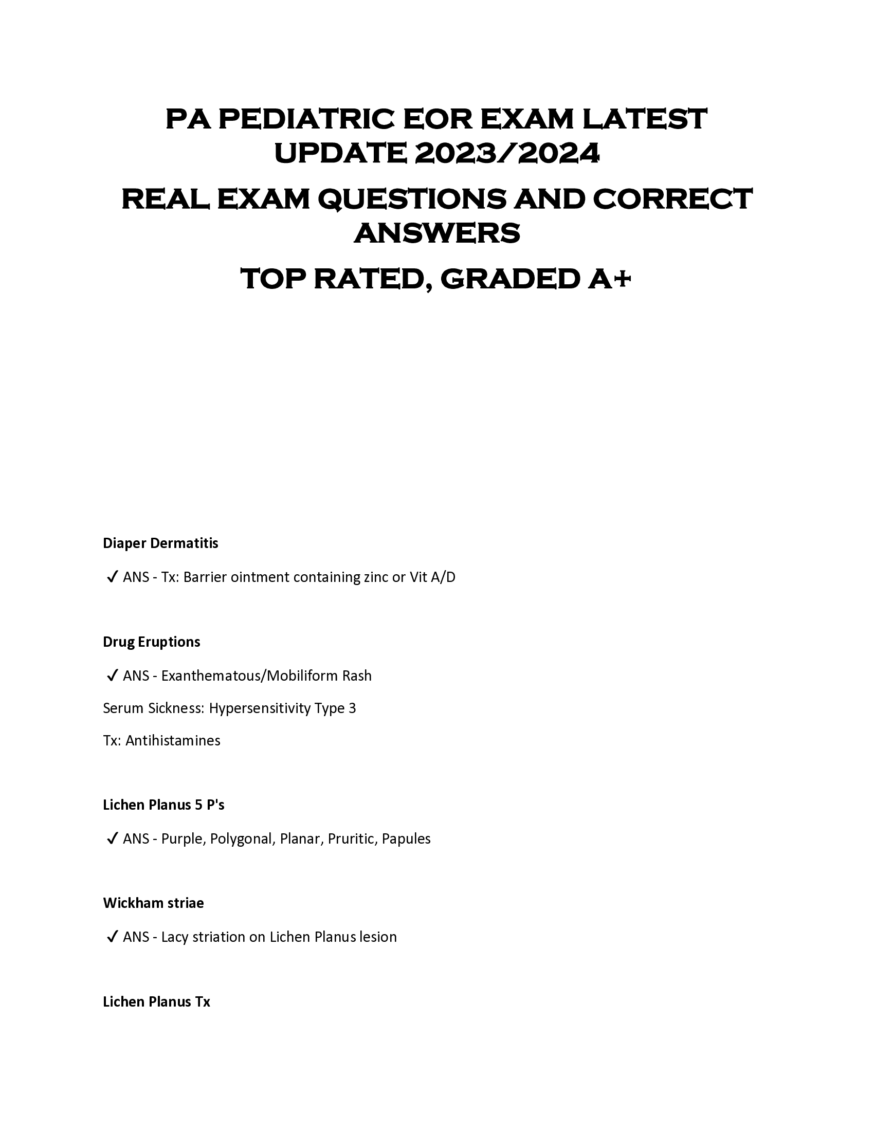 PA PEDIATRIC EOR EXAM LATEST  UPDATE 2023, 2024  REAL EXAM QUESTIONS AND CORRECT  ANSWERS  TOP RATED, GRADED A+